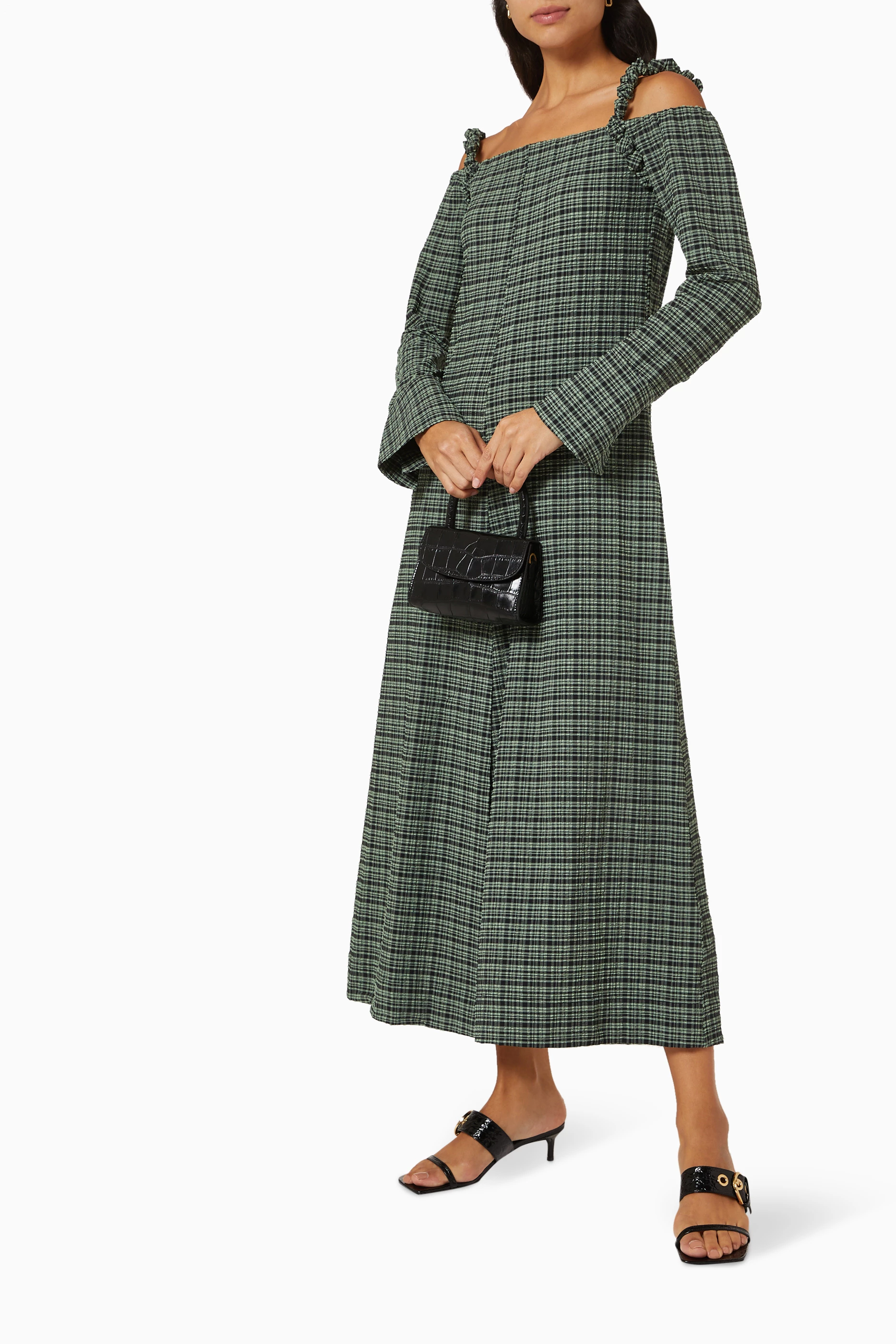 Buy Ganni Green Off Shoulder Maxi Dress For Women Online | Ounass Saudi