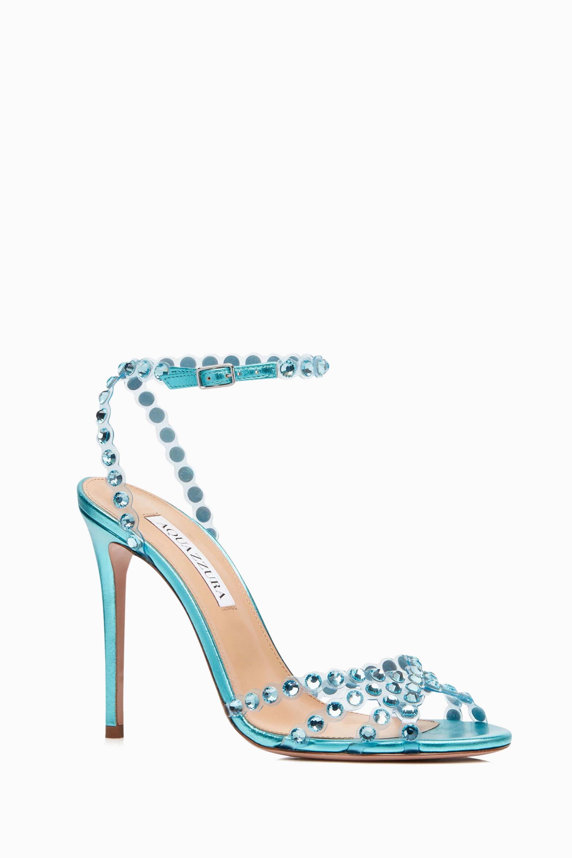 Buy Aquazzura Blue Tequila 105 Sandals in Plexi Metallic Nappa
