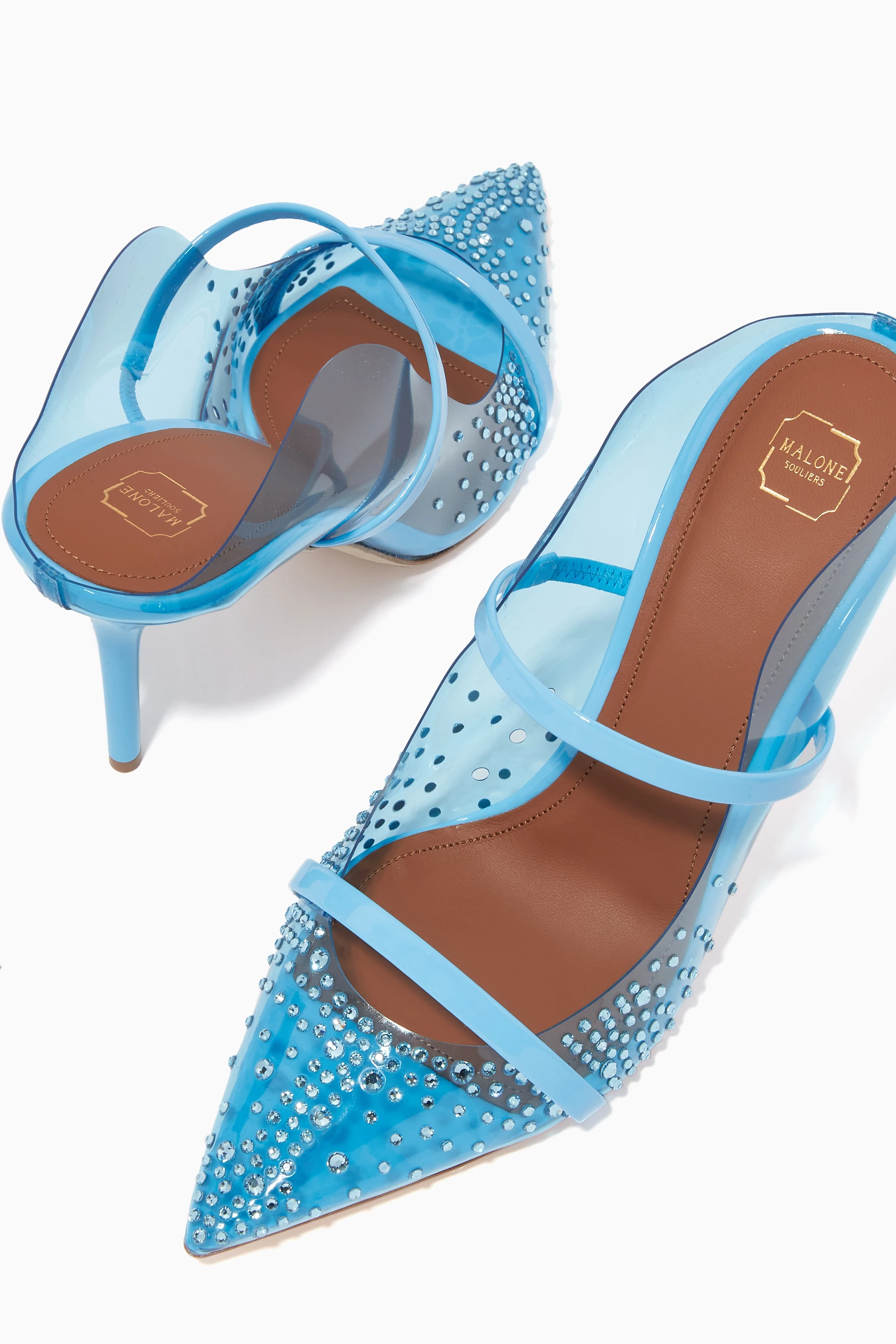 Buy Malone Souliers Blue Maureen 85 Crystal Mules in PVC For Women Online Ounass Saudi