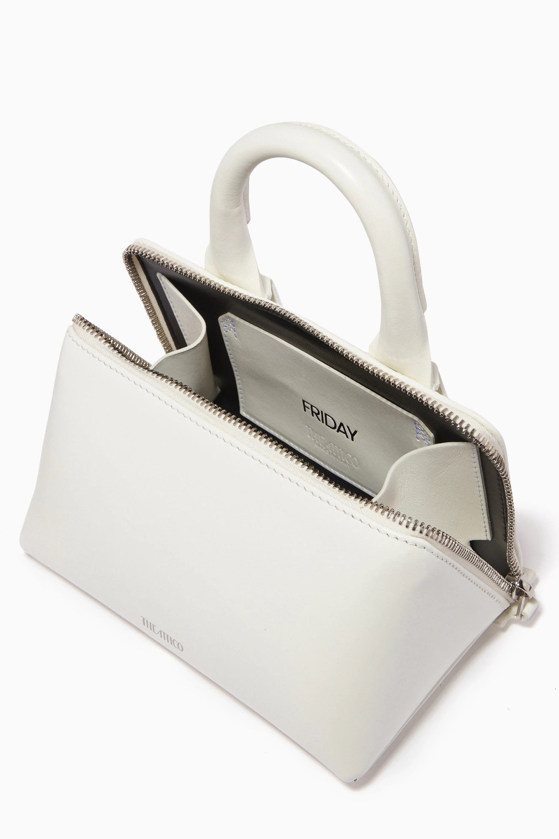 バレリーナ【THE ATTICO】関税込送料無料 装飾付き 無地 レザー Buy The Attico White ''Friday'' Mini Handbag in Leather For