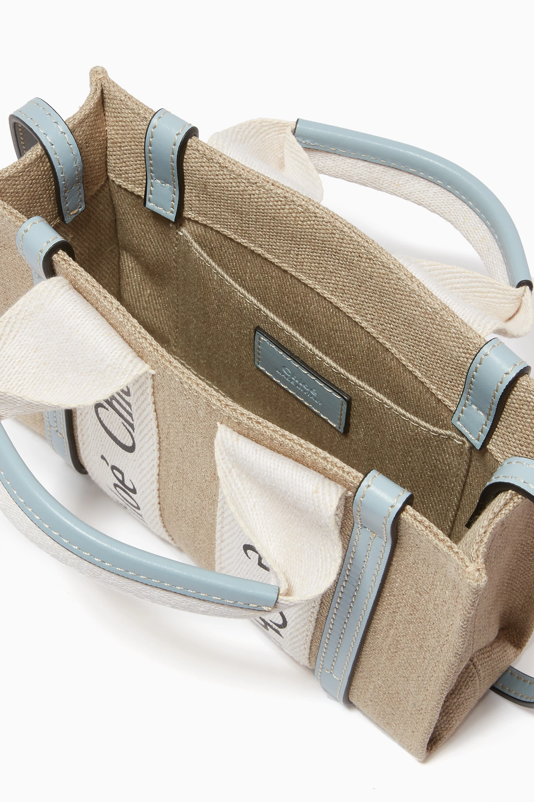 トートバッグ Chloe Linen Woody Tote Bag White Blue Chloé Small Woody Tote Bag In Linen in White - Blue | Chloé CA