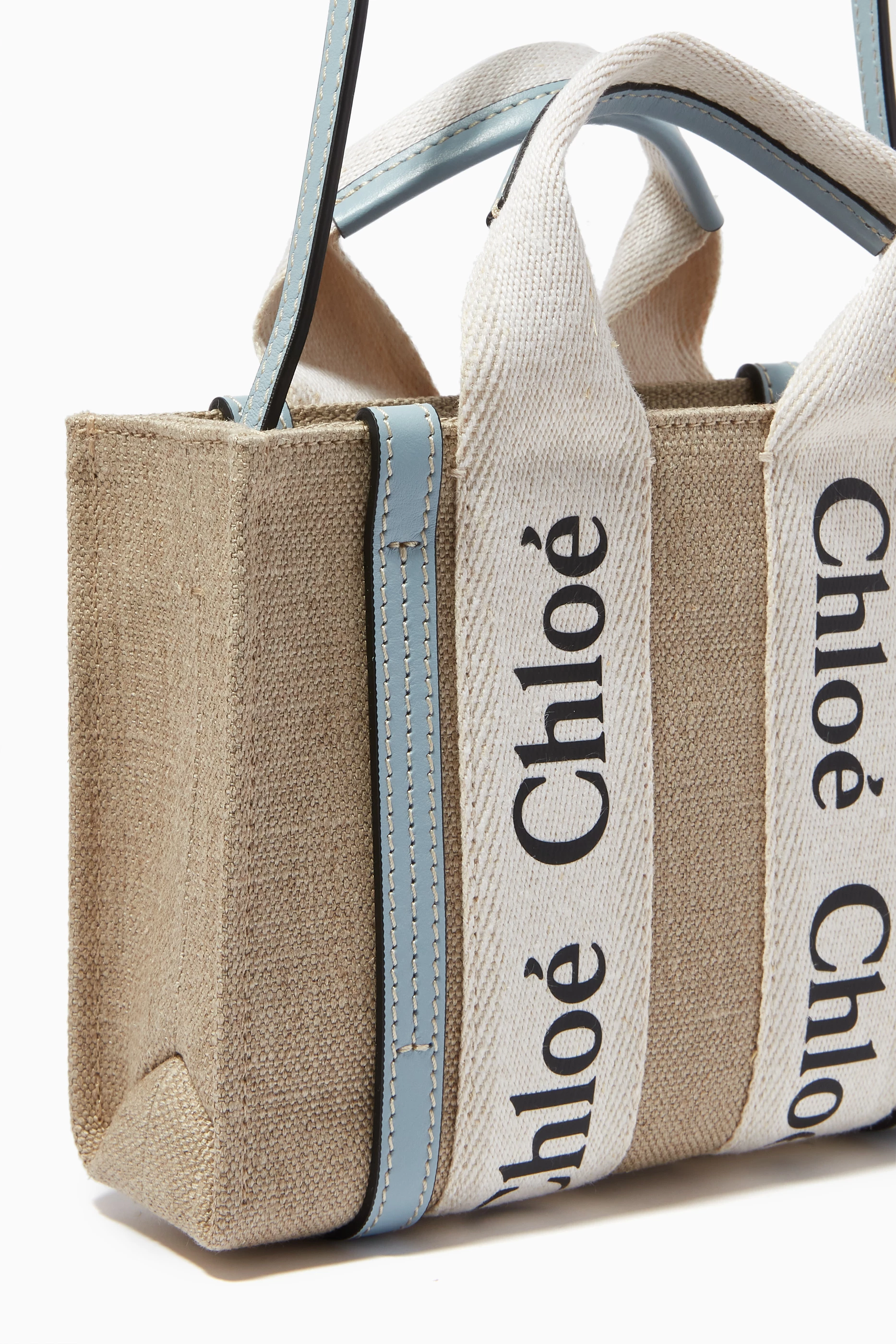 Buy Chloé Blue Woody Mini Tote Bag in Linen Canvas
