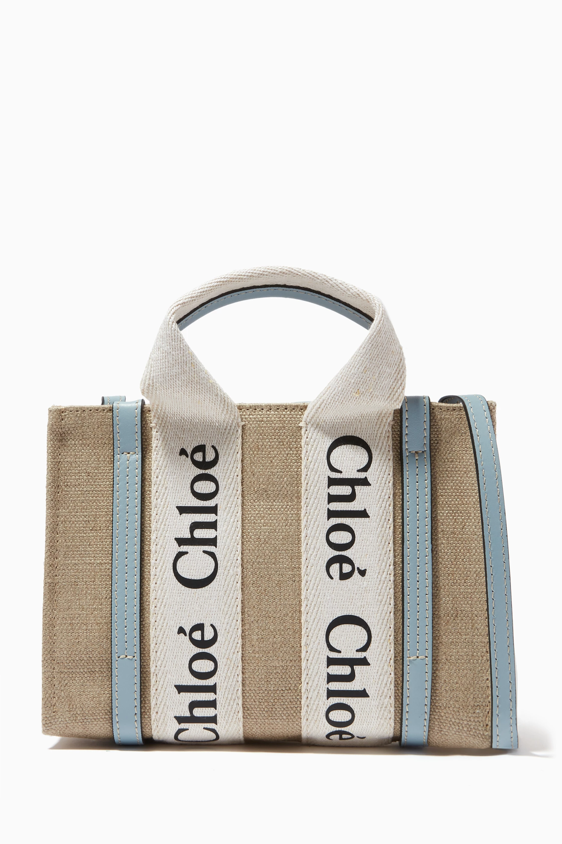 Buy Chloé Blue Woody Mini Tote Bag in Linen Canvas