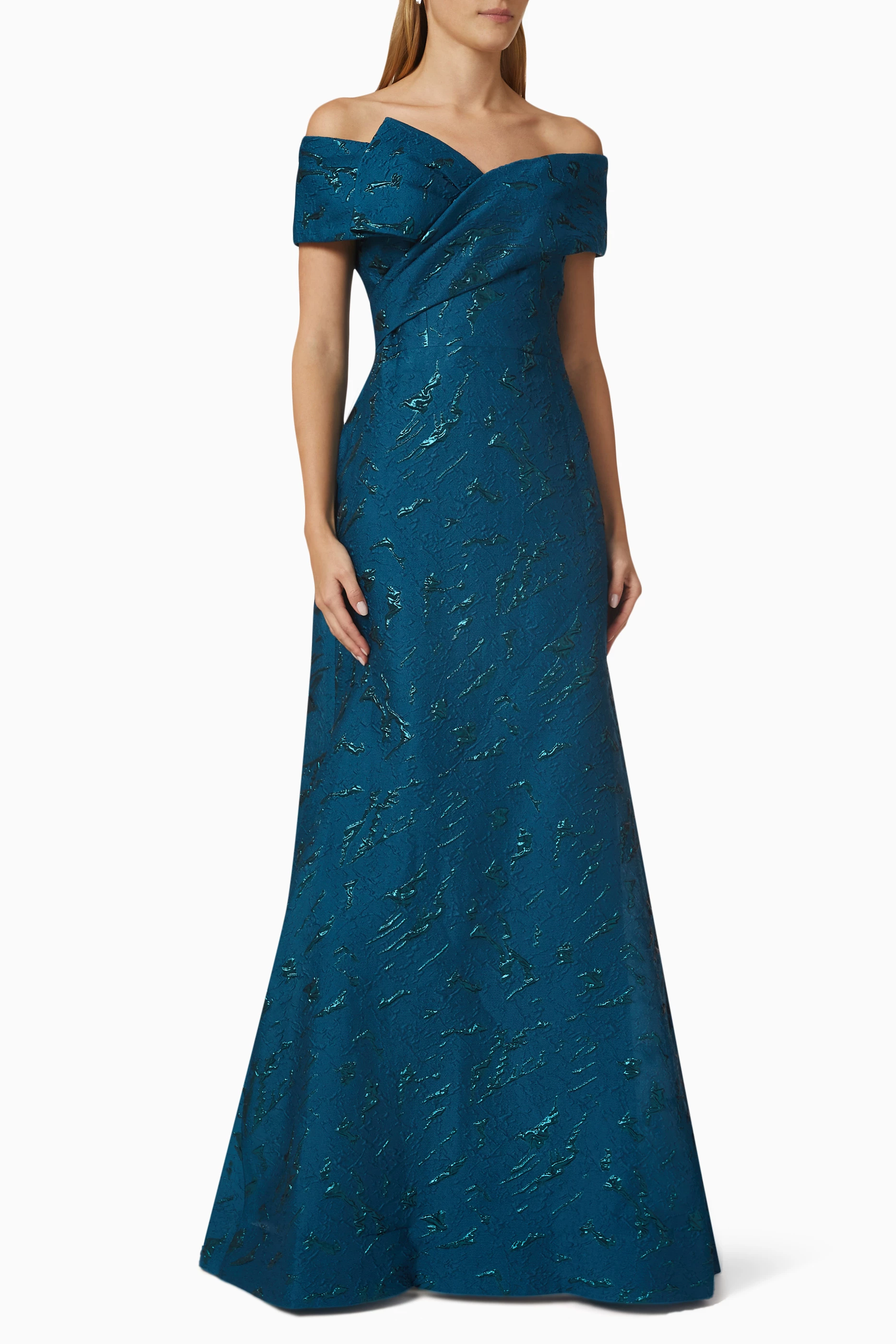 Buy Teri Jon Blue Off-Shoulder Gown in Jacquard For Women Online | Ounass  Saudi