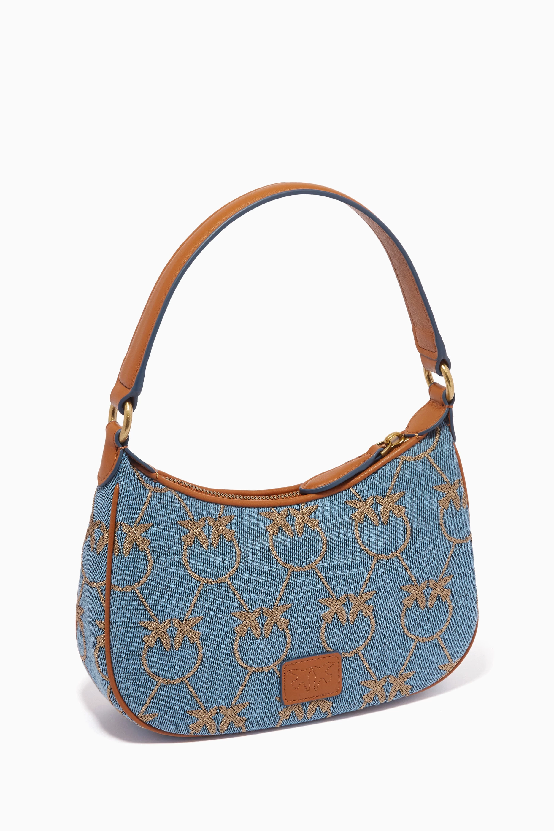 Buy PINKO Blue Love Mini Half Moon Bag in Jacquard Denim For Women