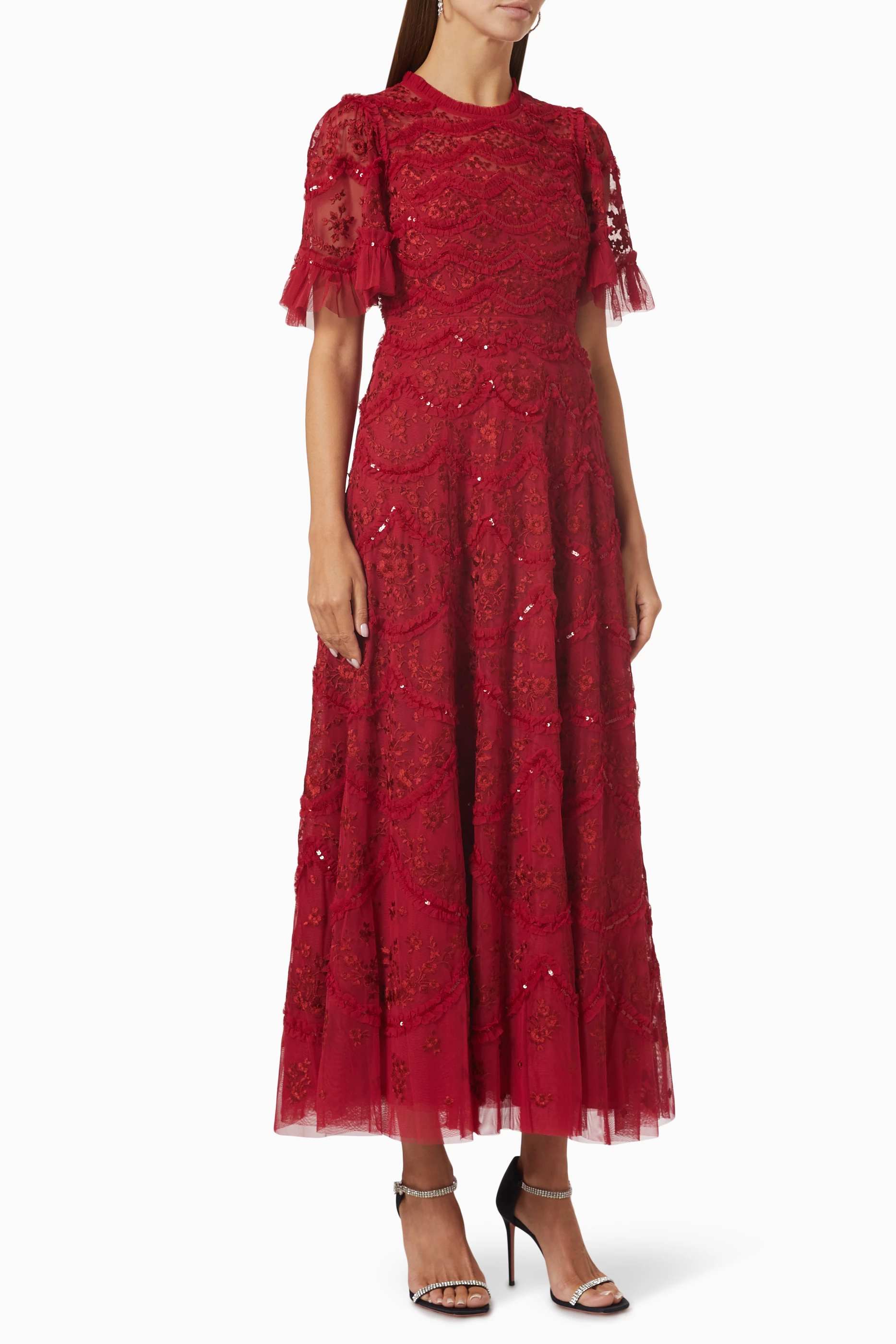 knee length dresses for ladies Tahlia Floral Sequins Embroidery Cap Sleeve Midi Dress in Silver main image 1
