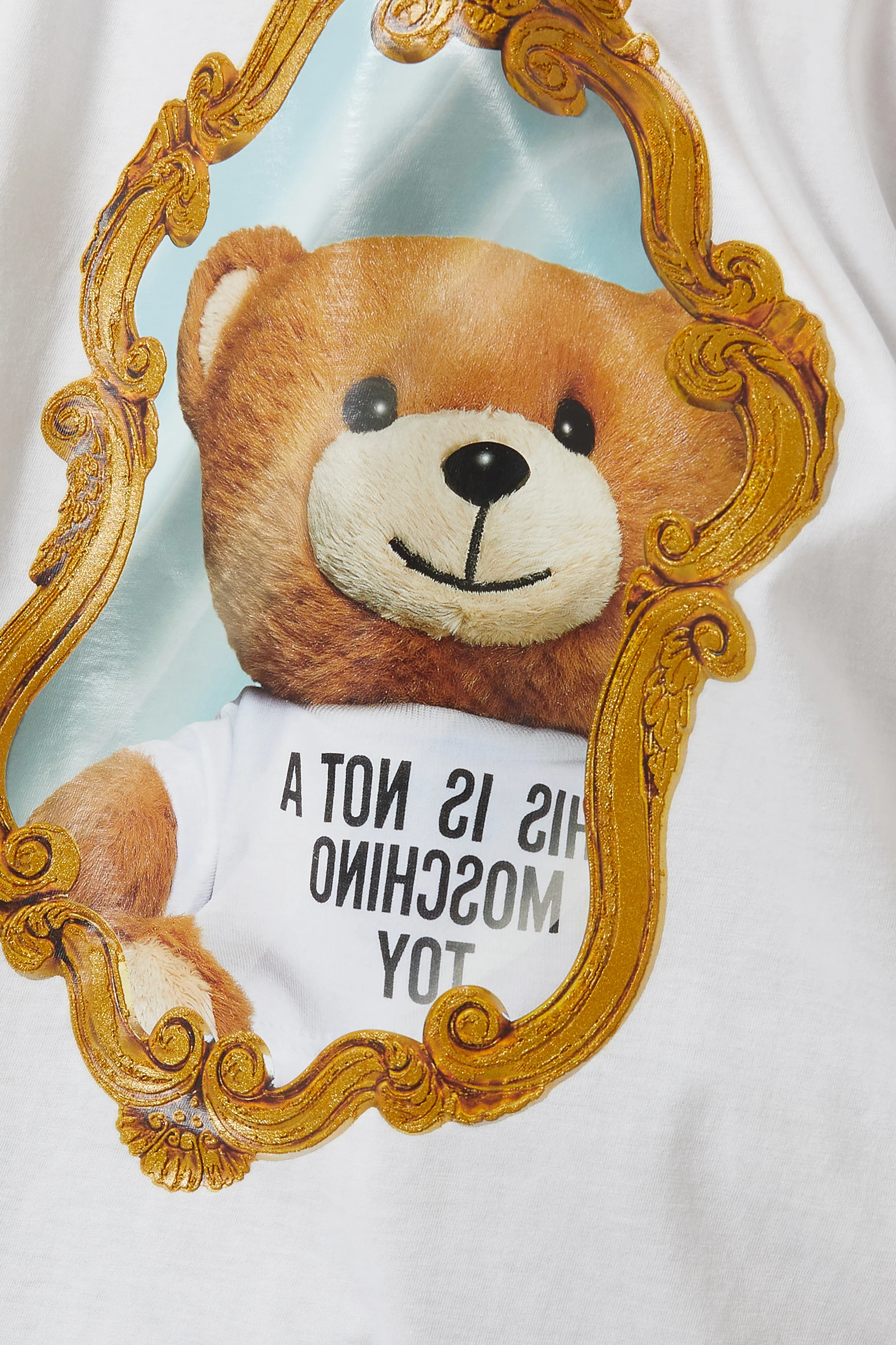 【MOSCHINO】Mirror Teddy Bear Short Sleeve T-shirt/送料込み Buy Moschino White Mirror Teddy T-shirt in Organic Cotton