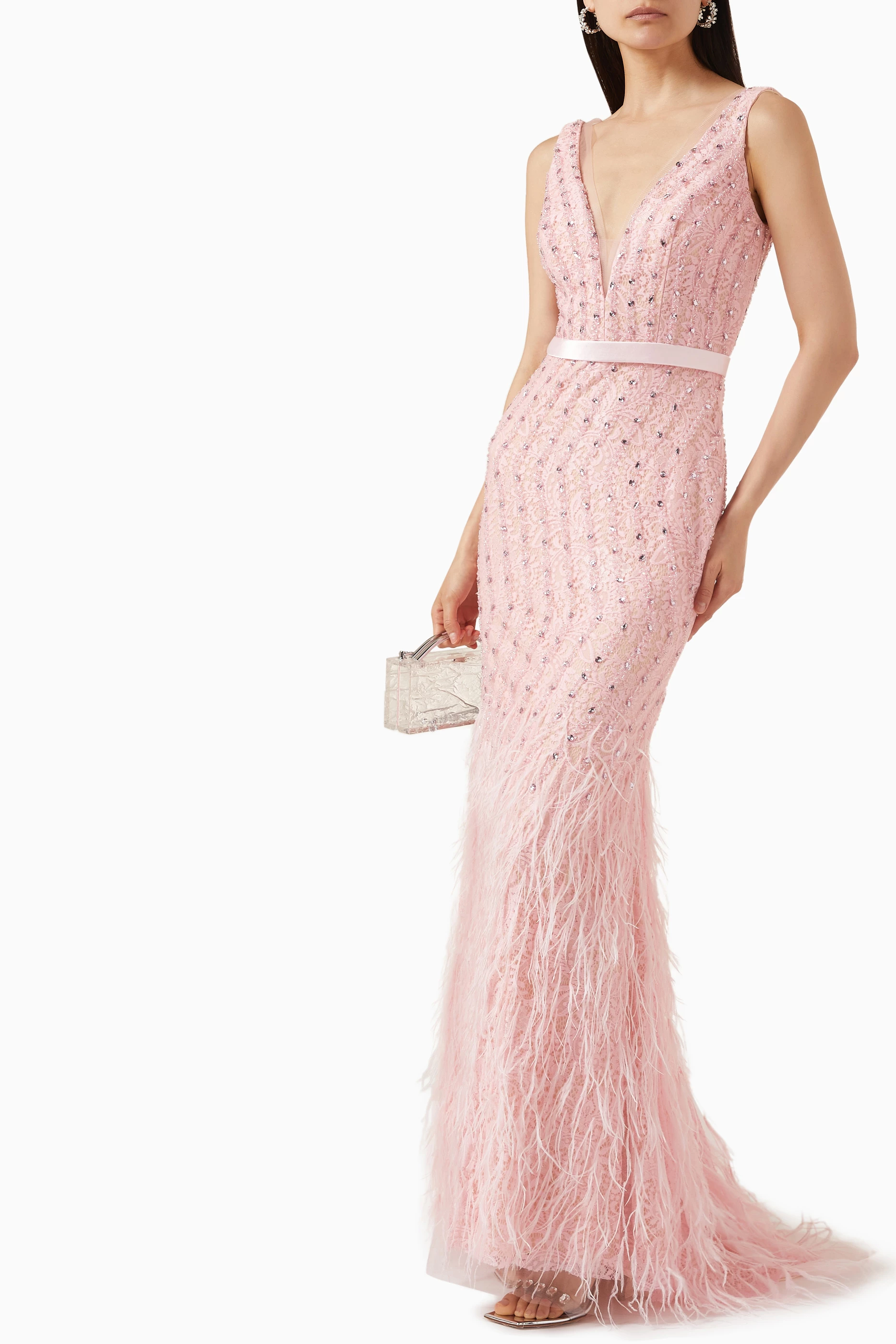 Buy Basix Pink Embellished Feather trimmed Gown in Lace Tulle For Women Online Ounass Saudi