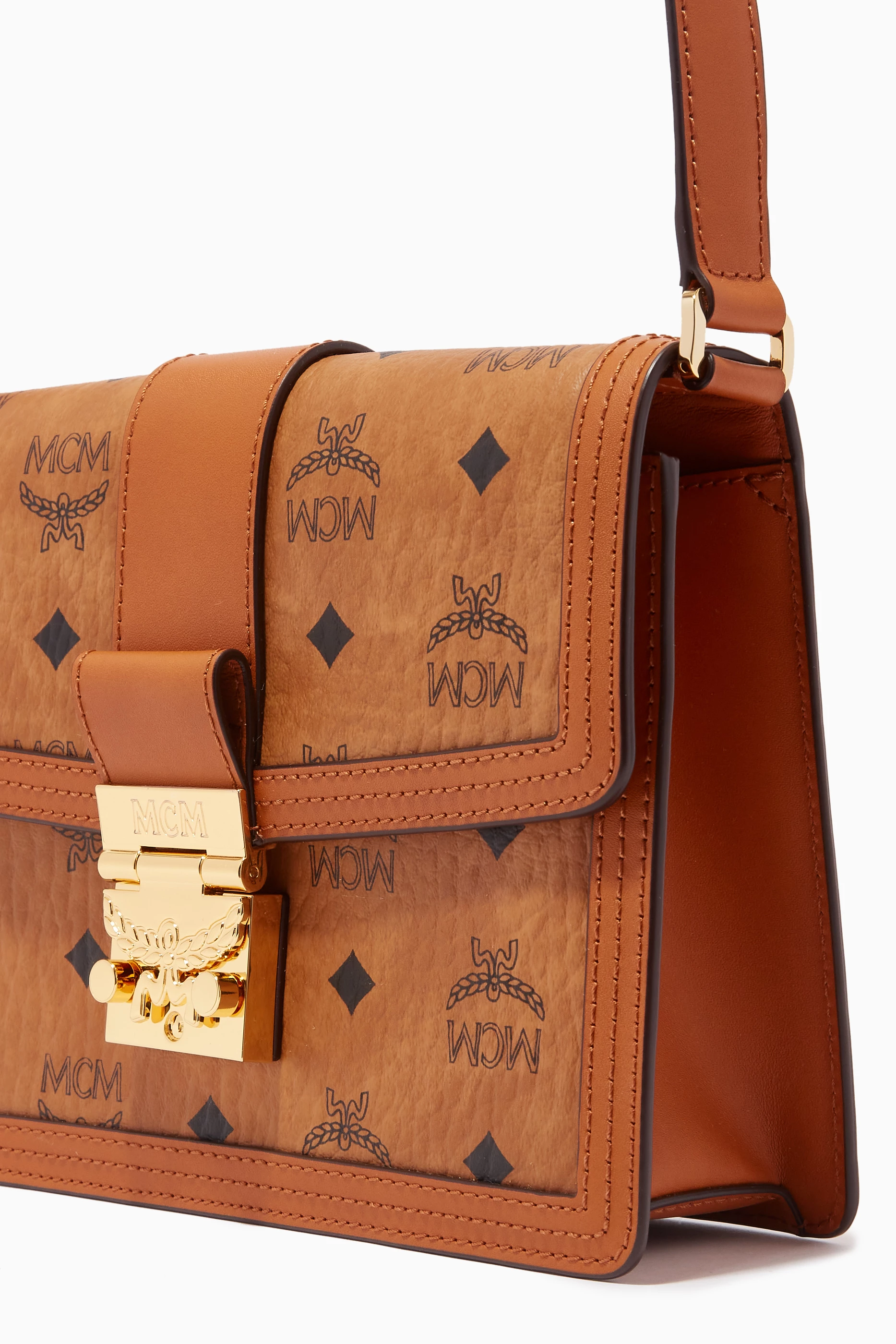 Buy MCM Brown Small Tracey Shoulder Bag in Visetos Coated