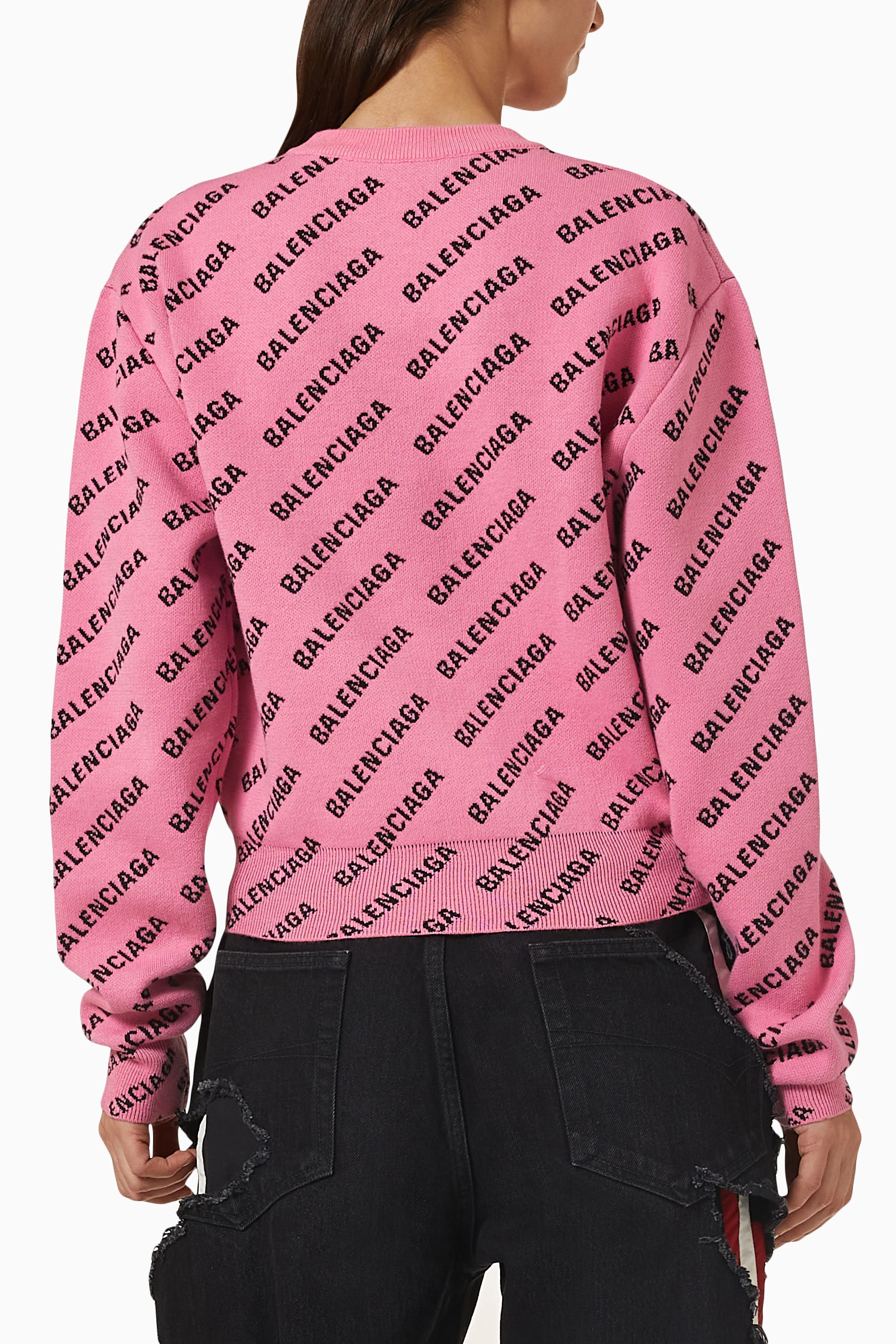 Buy Balenciaga Pink Allover Logo Cropped Sweater in Cotton Wool Knit For Women Online Ounass Saudi