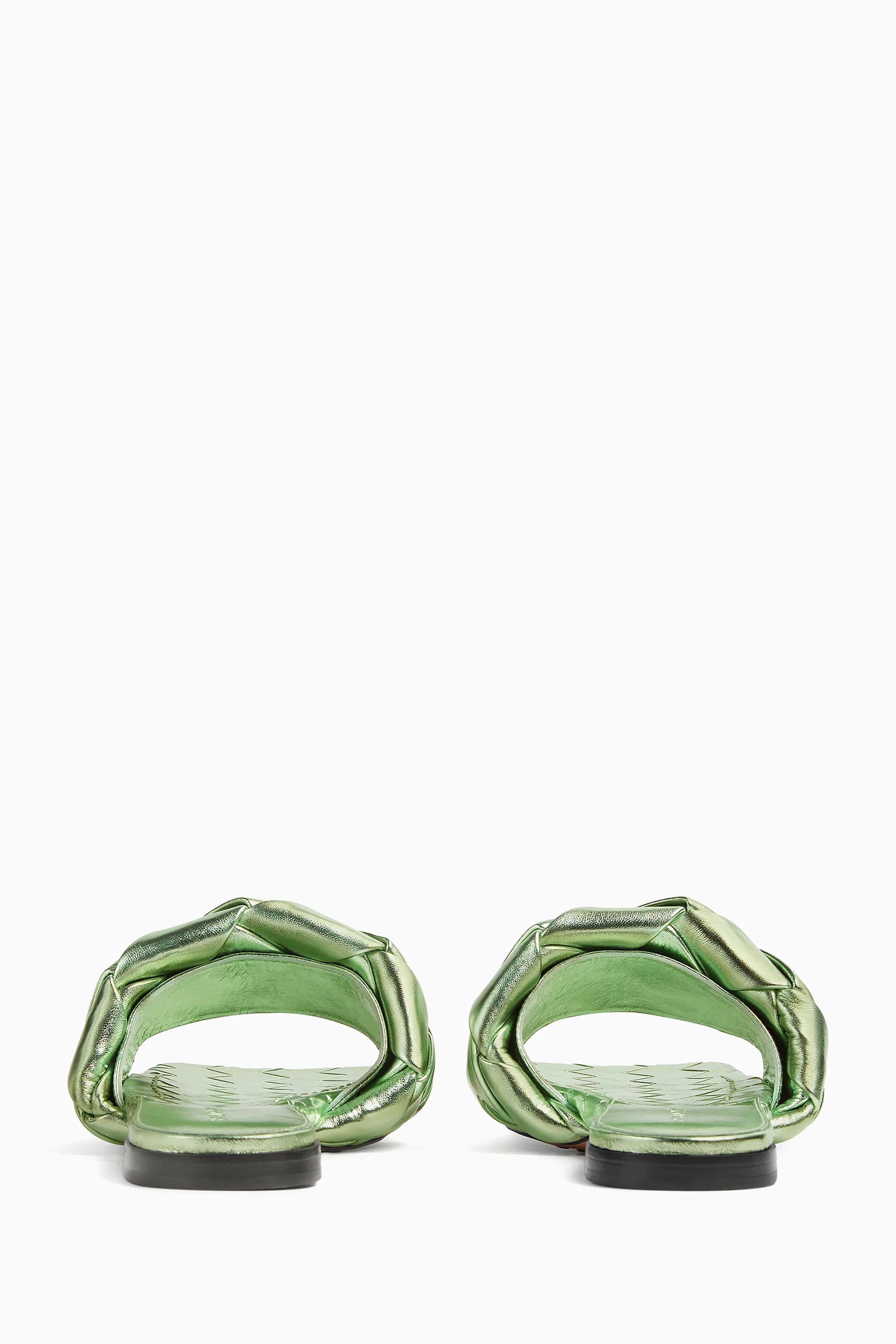 Buy Bottega Veneta Green Lido Flat Sandals in Metallic Intrecciato