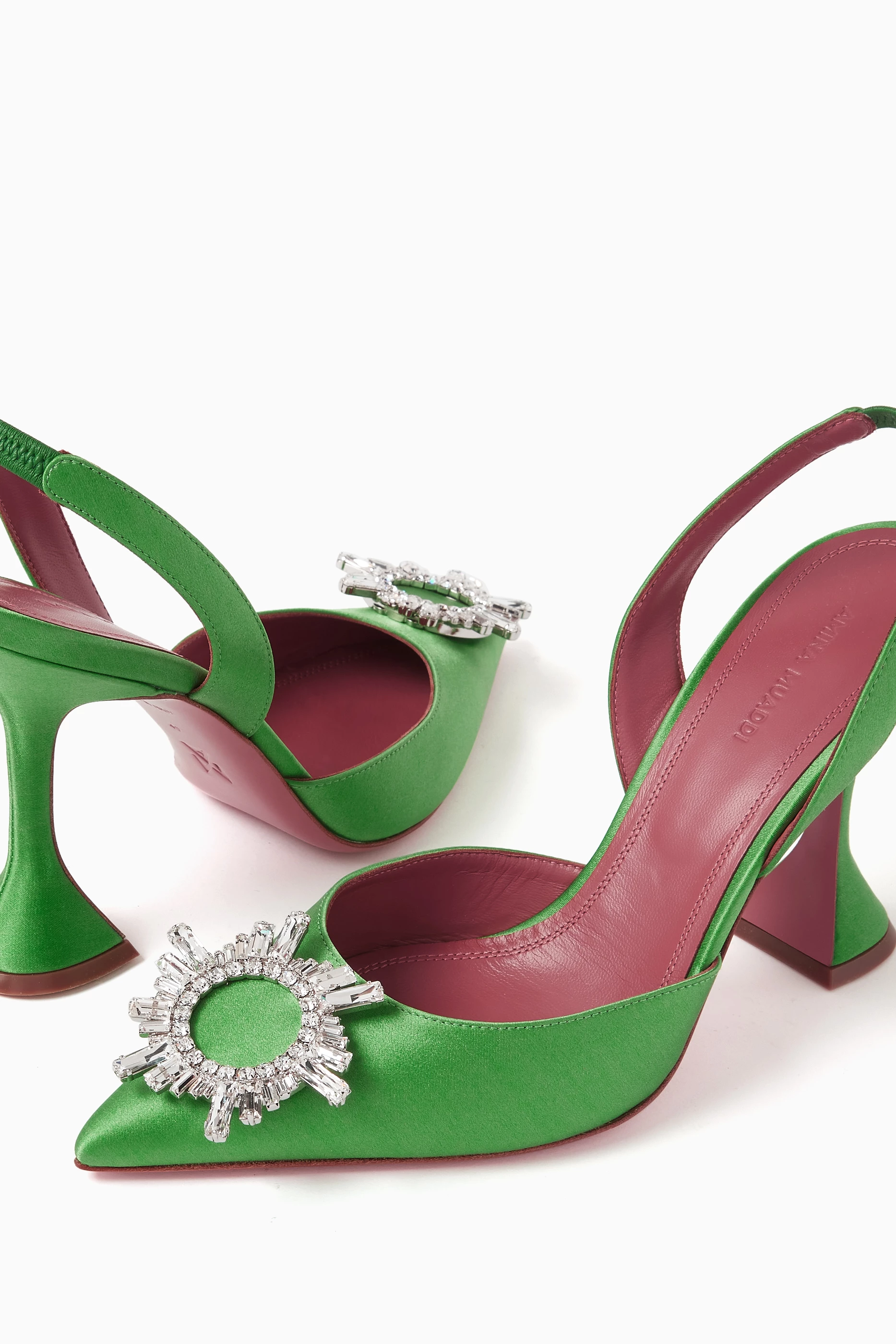 Buy Amina Muaddi Green Begum Crystal Slingback Pumps in Satin For - Main Image