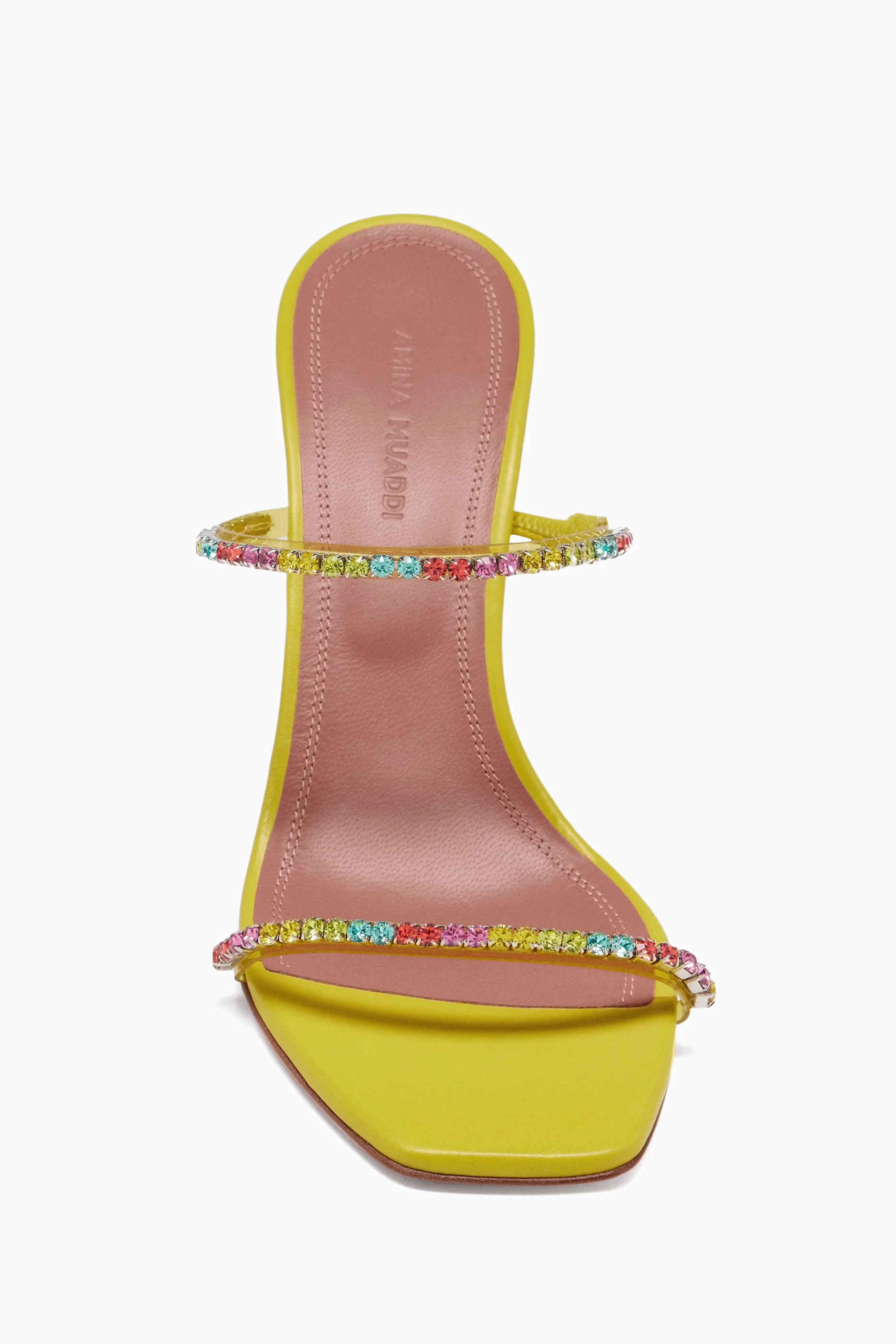 サンダル・ミュール AMINA MUADDI LUPITACRYSTAL95 Sandals Yellow Amina Muaddi Lupiter Crystal Slipper in Satin Yellow – DPUS