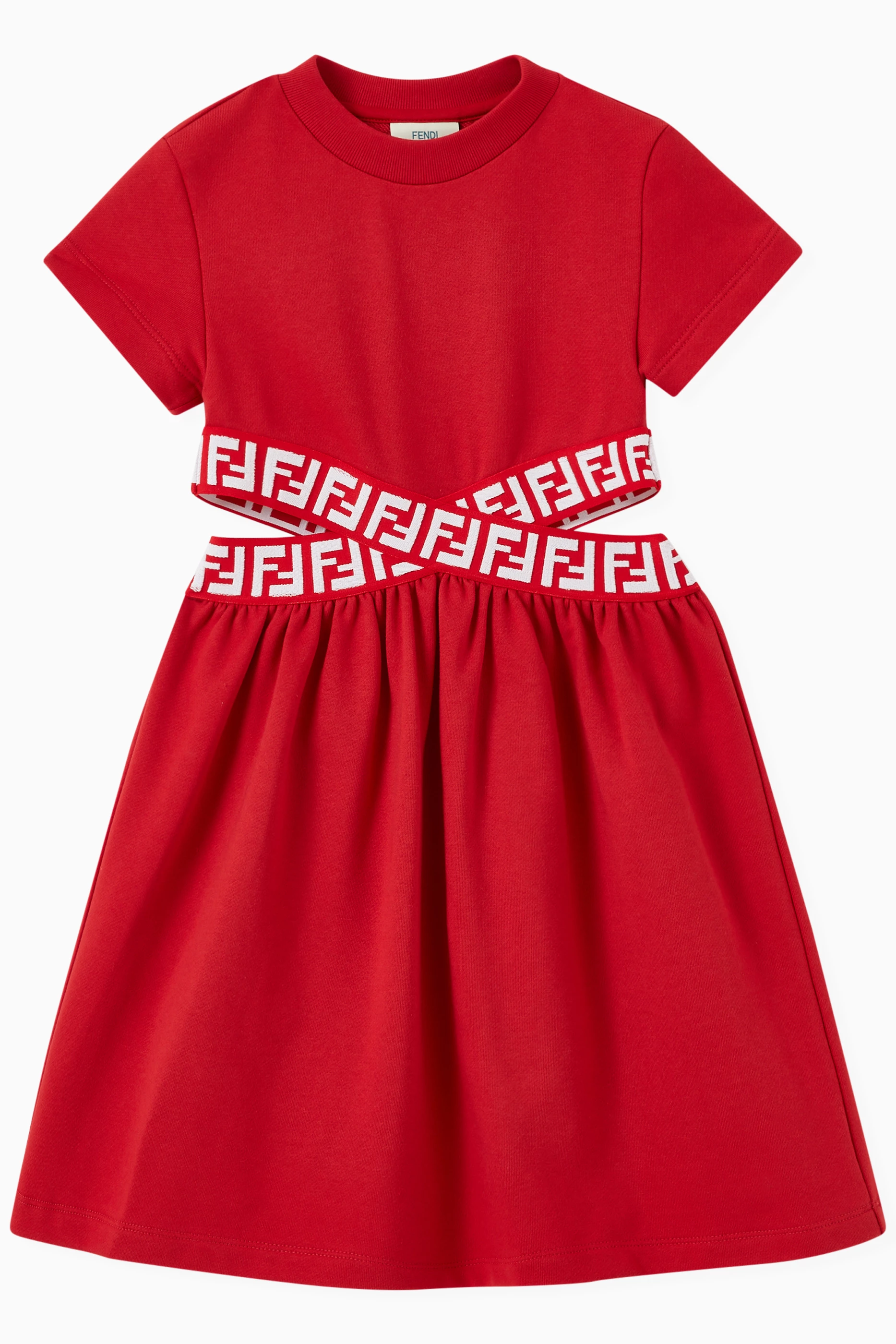 Buy Fendi Red Criss-cross Logo Dress in Cotton For Girls