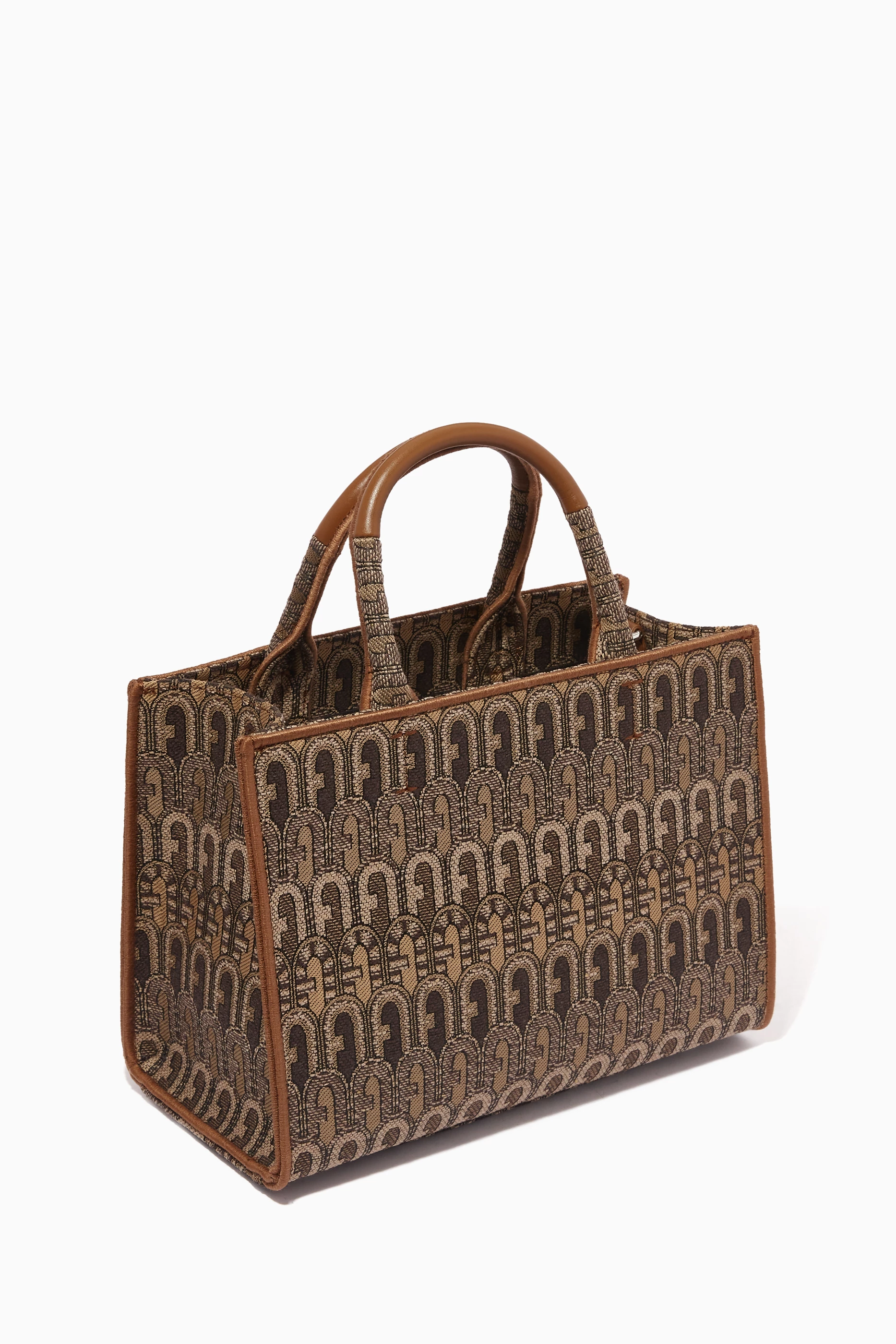 Buy Furla Brown Opportunity Small Tote Bag in Logo Jacquard For 