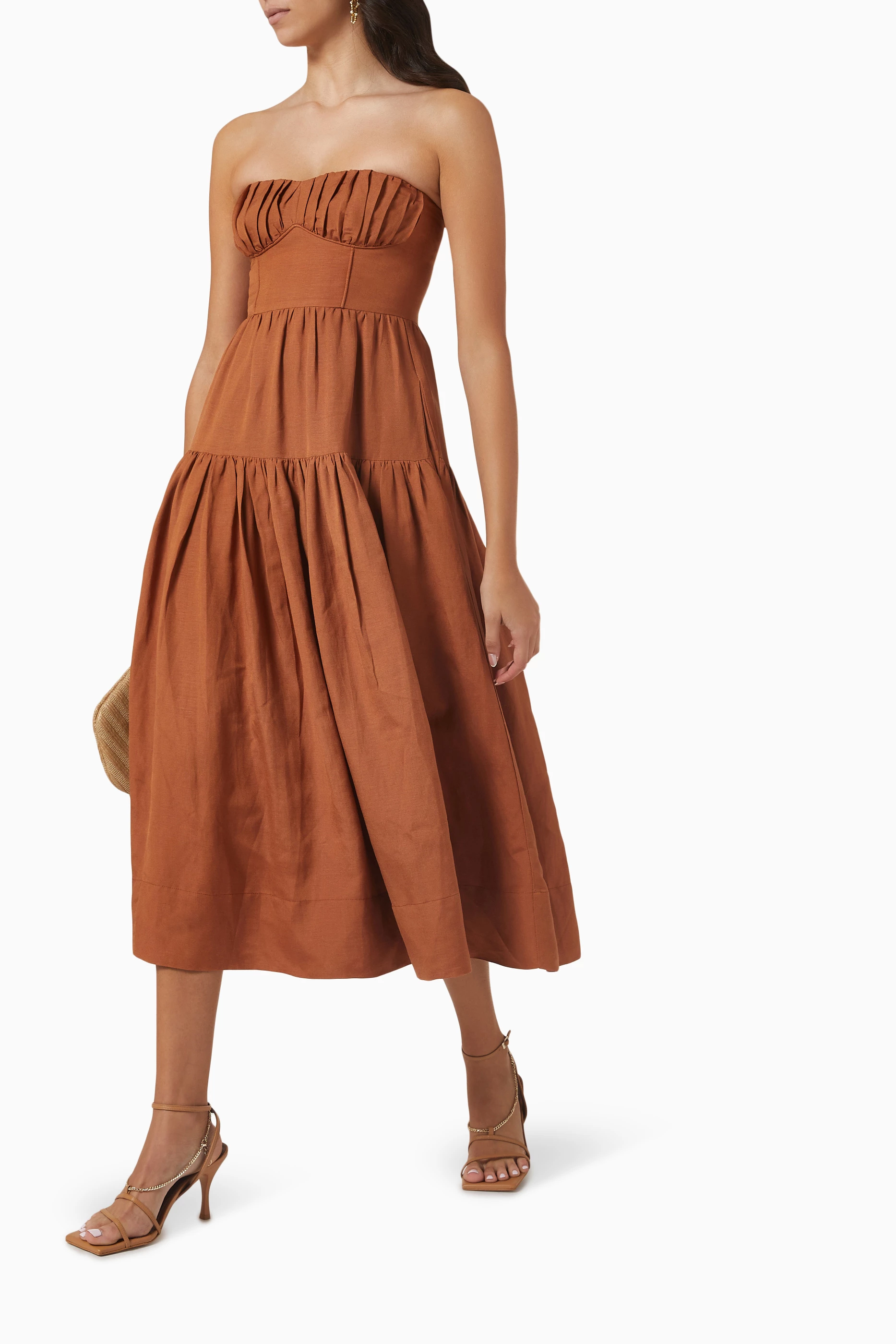 Buy Shona Joy Brown Jules Strapless Ruched Midi Dress in Linen