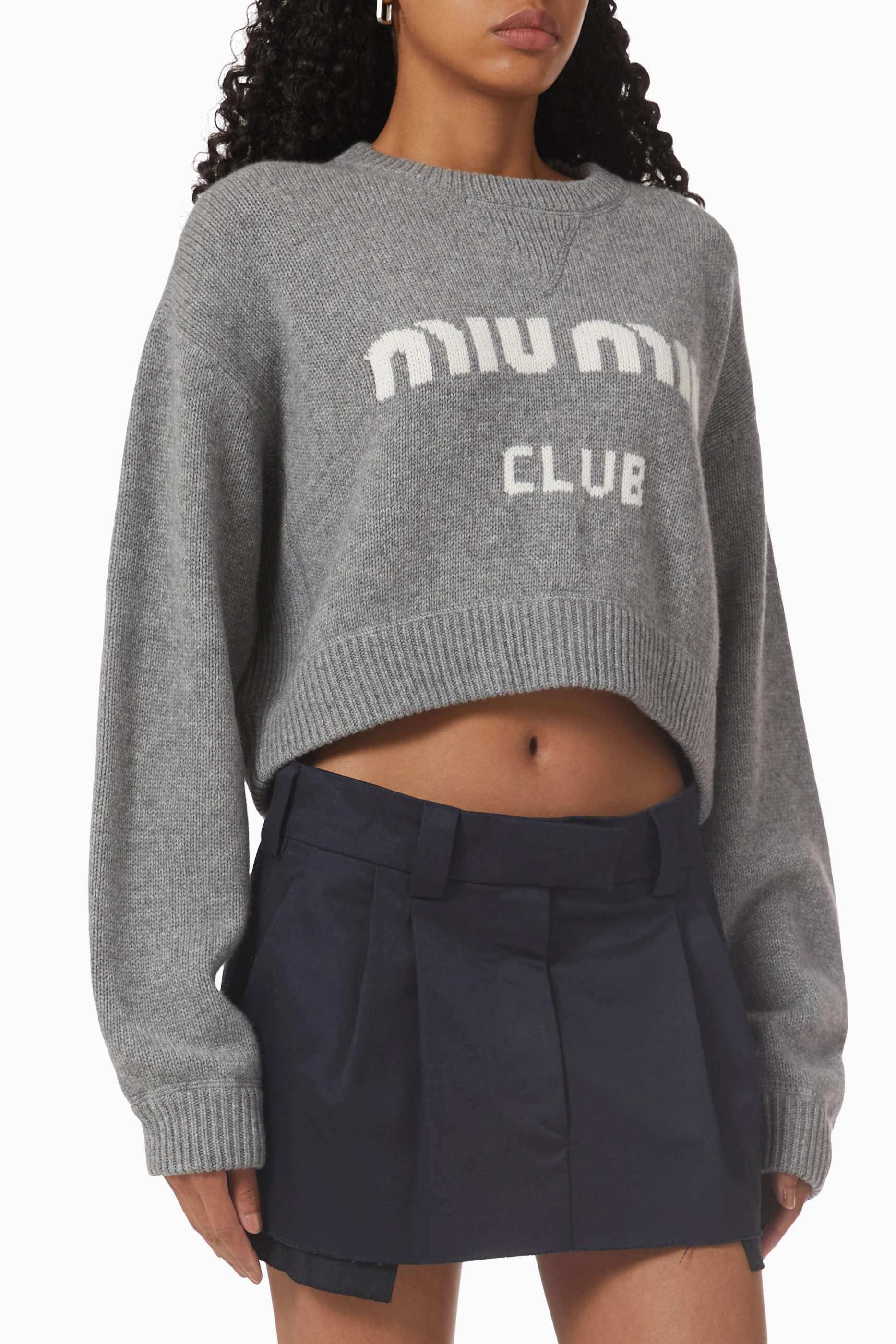 Buy Miu Miu Grey Logo Crop Sweater in Cashmere Knit For Women