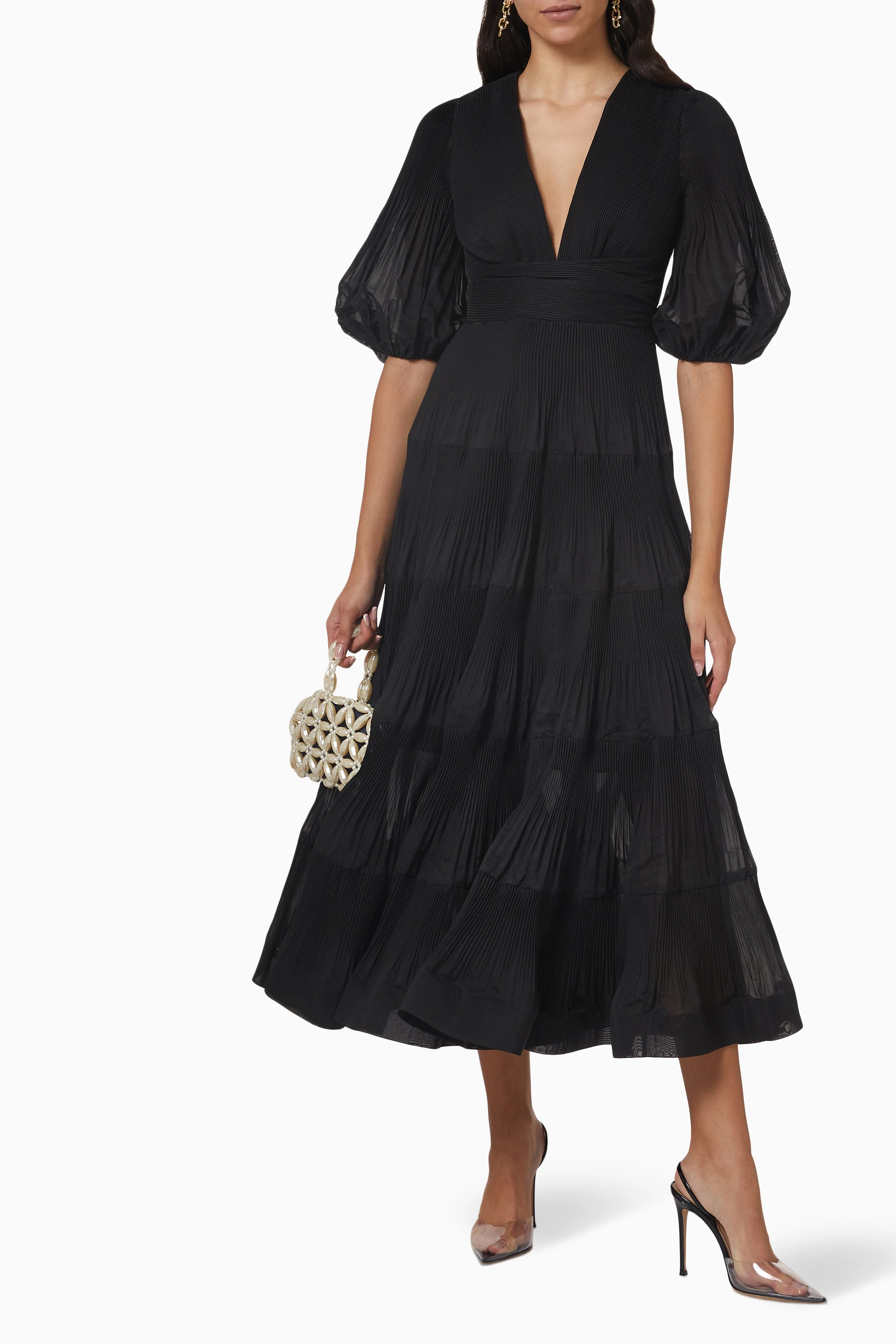Buy Zimmermann Black Pleated Midi Dress For Women Online