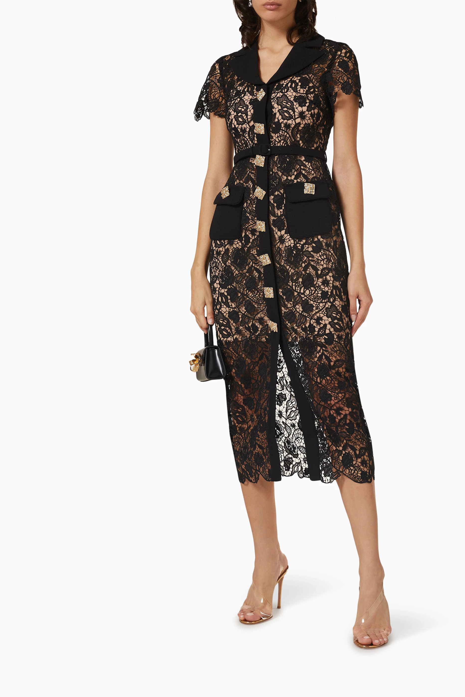 Buy Self-Portrait Black Collared Midi Dress in Magnolia Lace For