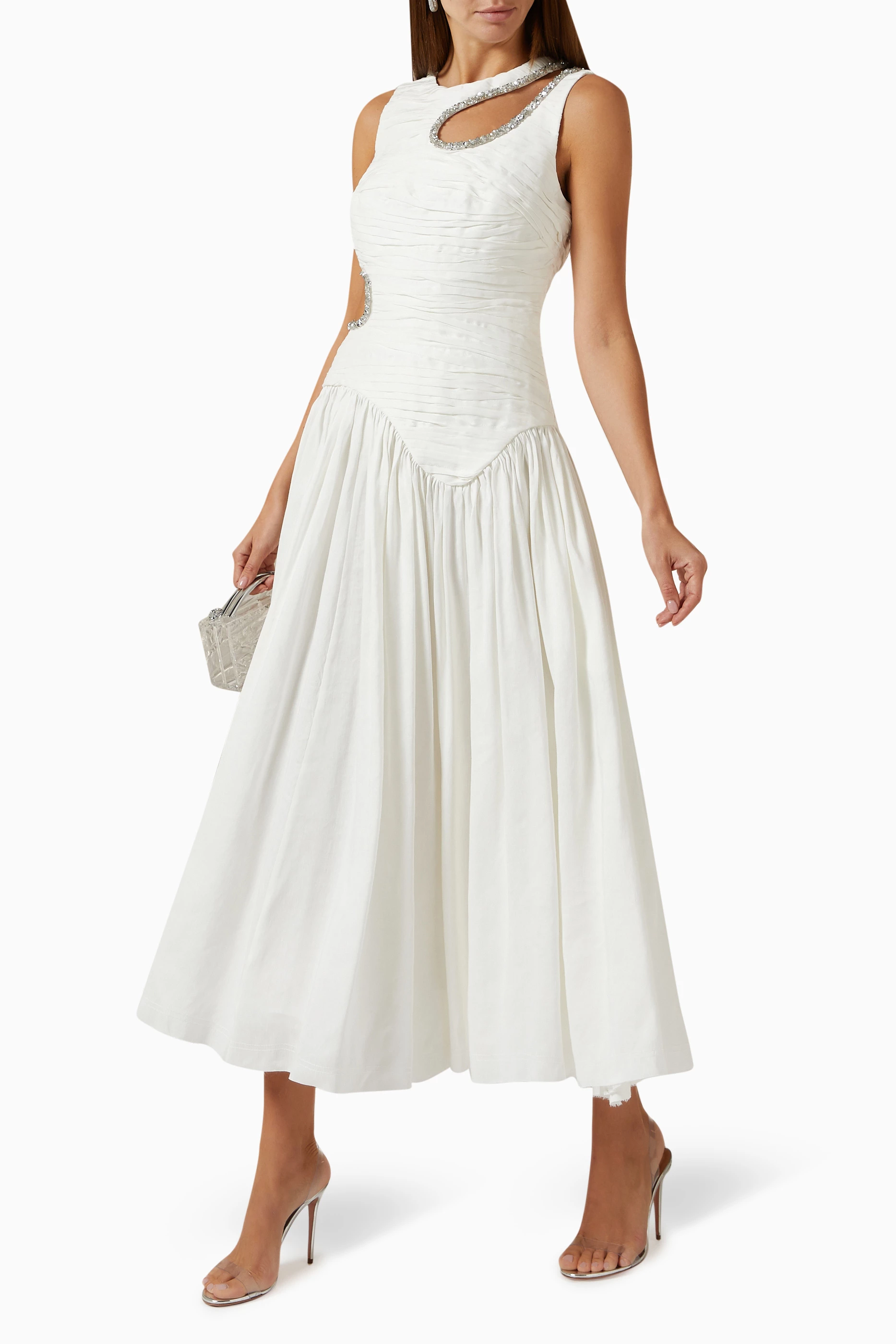 Buy Aje Neutral Jolie Abstract Cut Out Midi Dress in Linen For Women Online  | Ounass Saudi