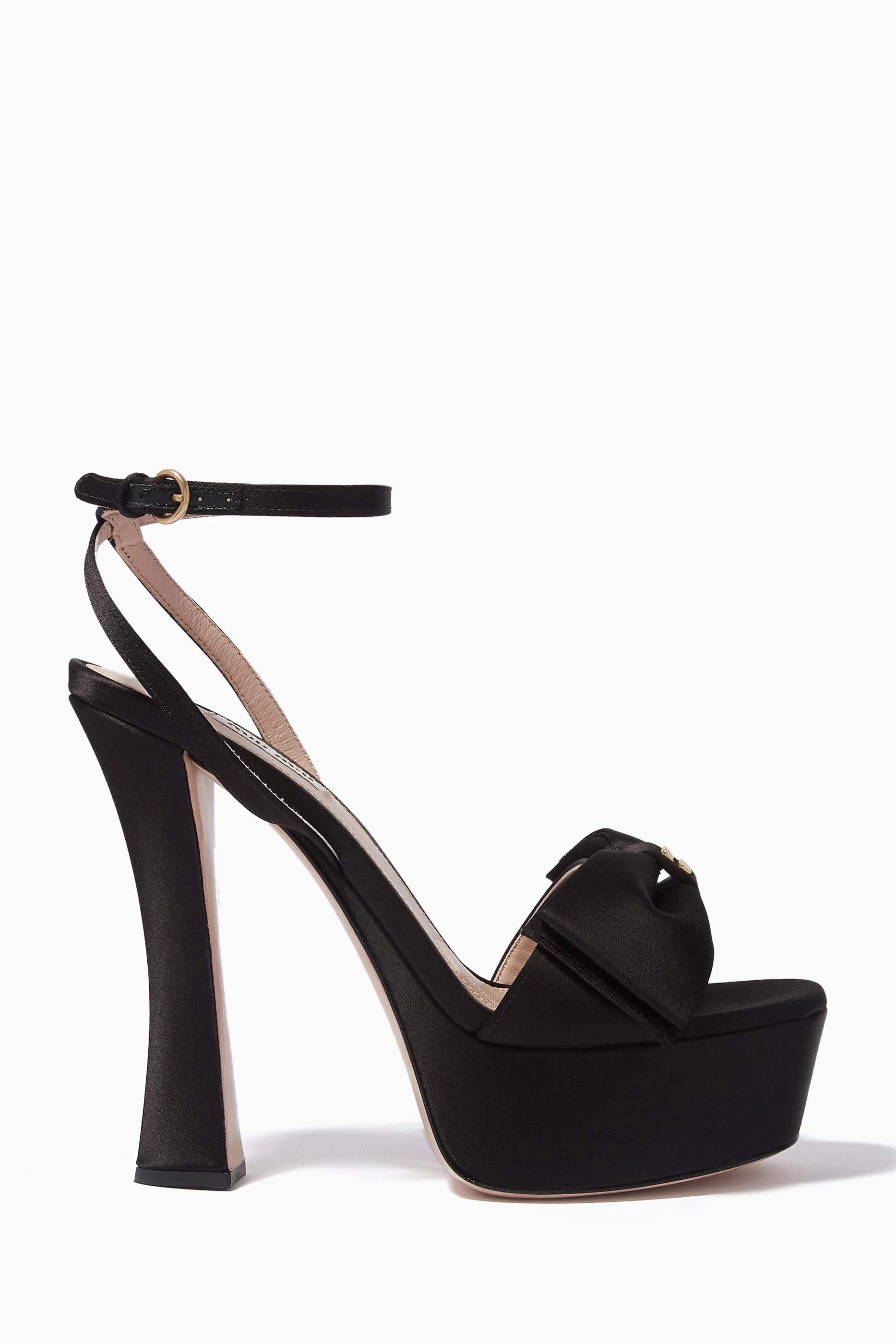 Buy Miu Miu Black Logo Bow 135 Platform Heel Sandals in Satin For Women Online Ounass Saudi