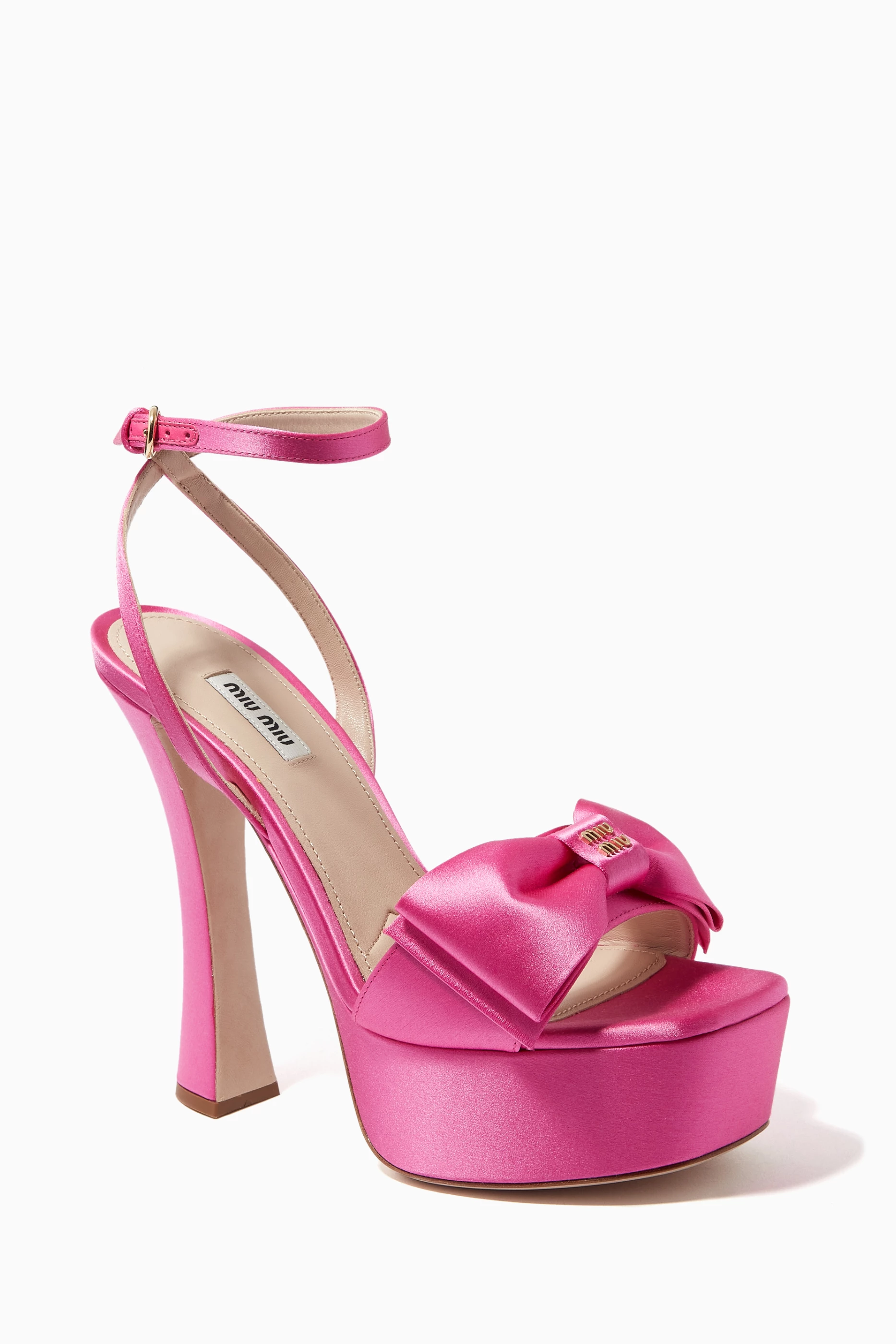 Buy Miu Miu Pink Logo Bow 135 Platform Heel Sandals in Satin For