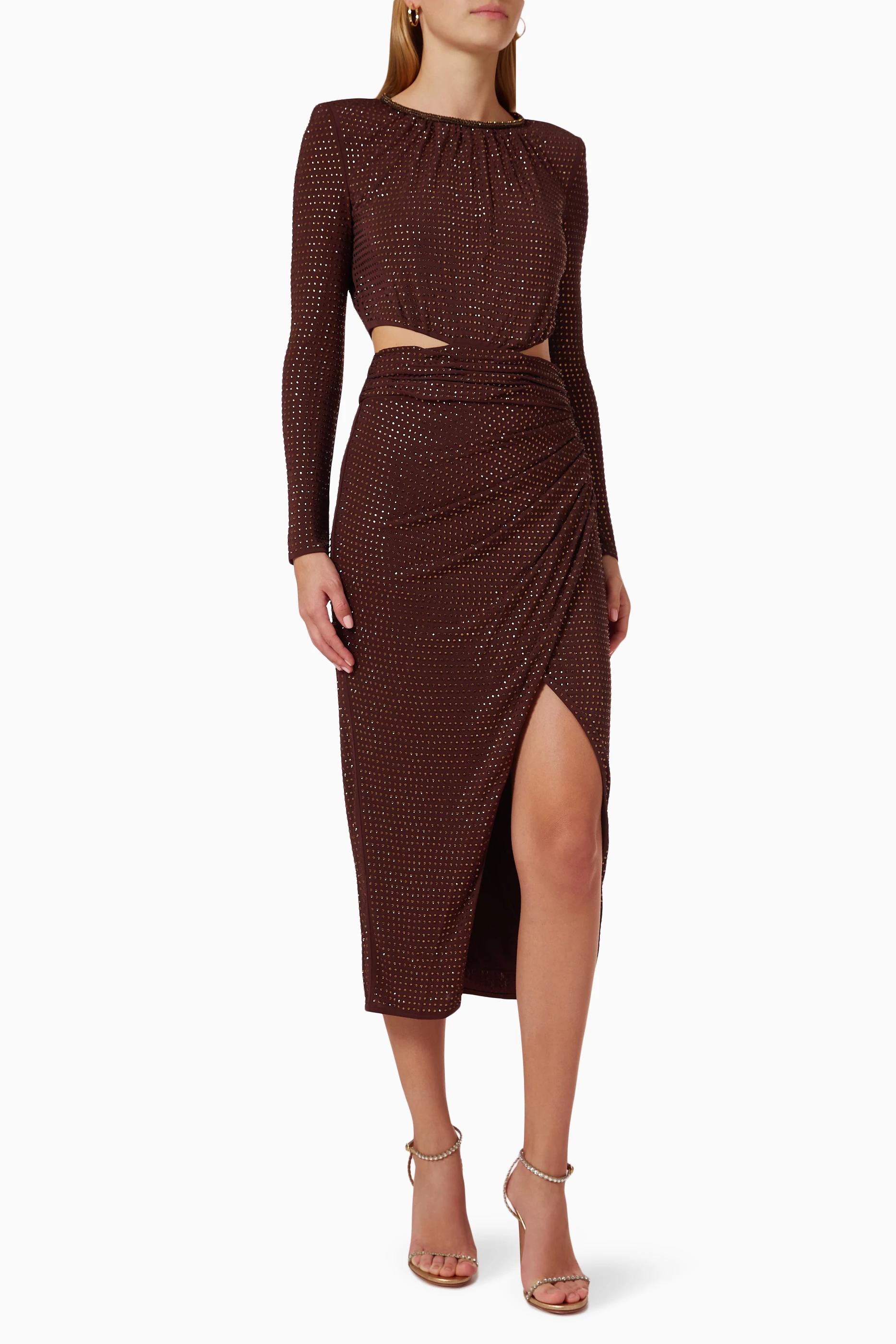 self portrait dress brown self-portrait - Brown Georgette Off Shoulder Maxi Dress