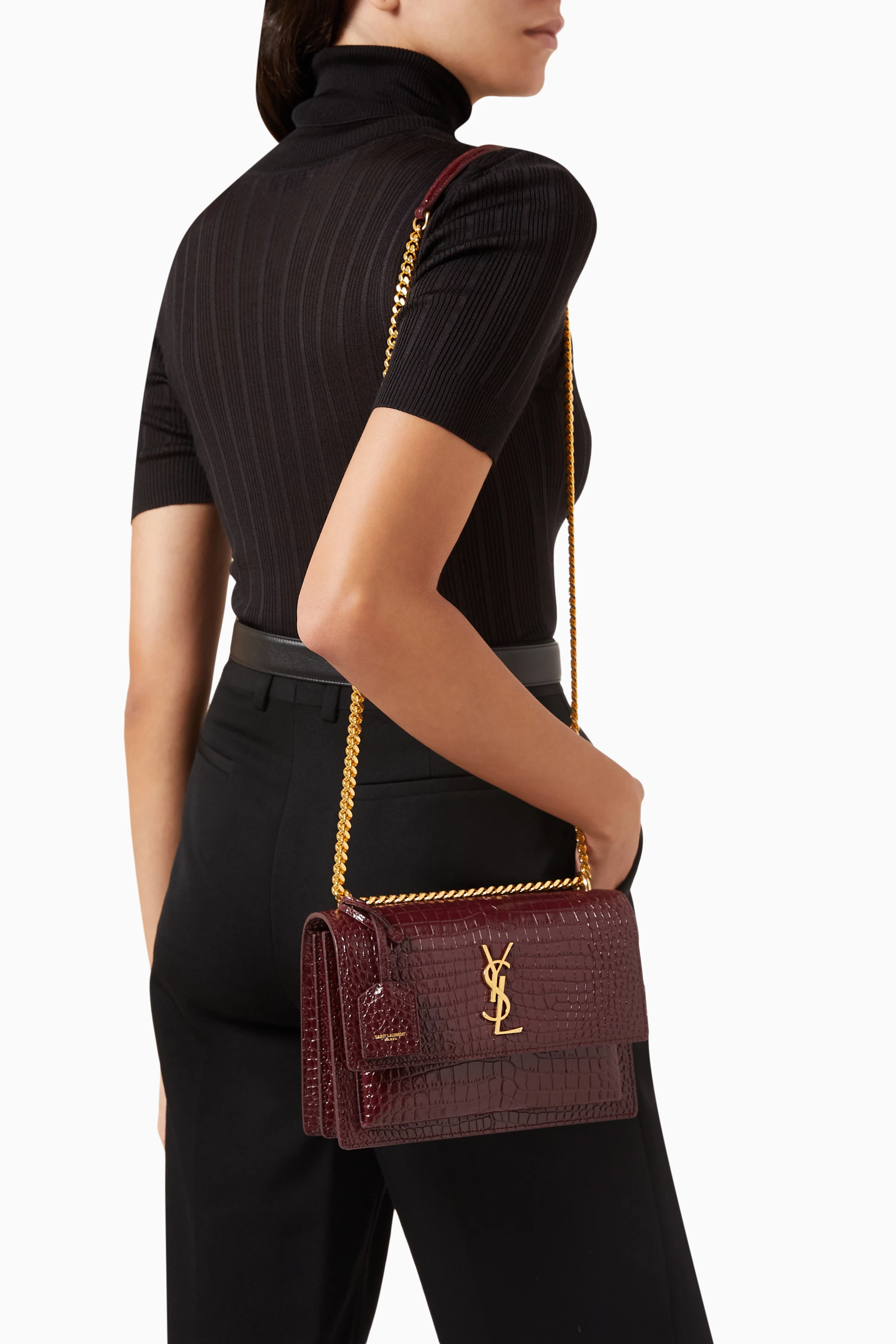 Buy SAINT LAURENT Burgundy Medium Sunset Chain Shoulder Bag in Croc embossed Leather For Women Online Ounass Saudi