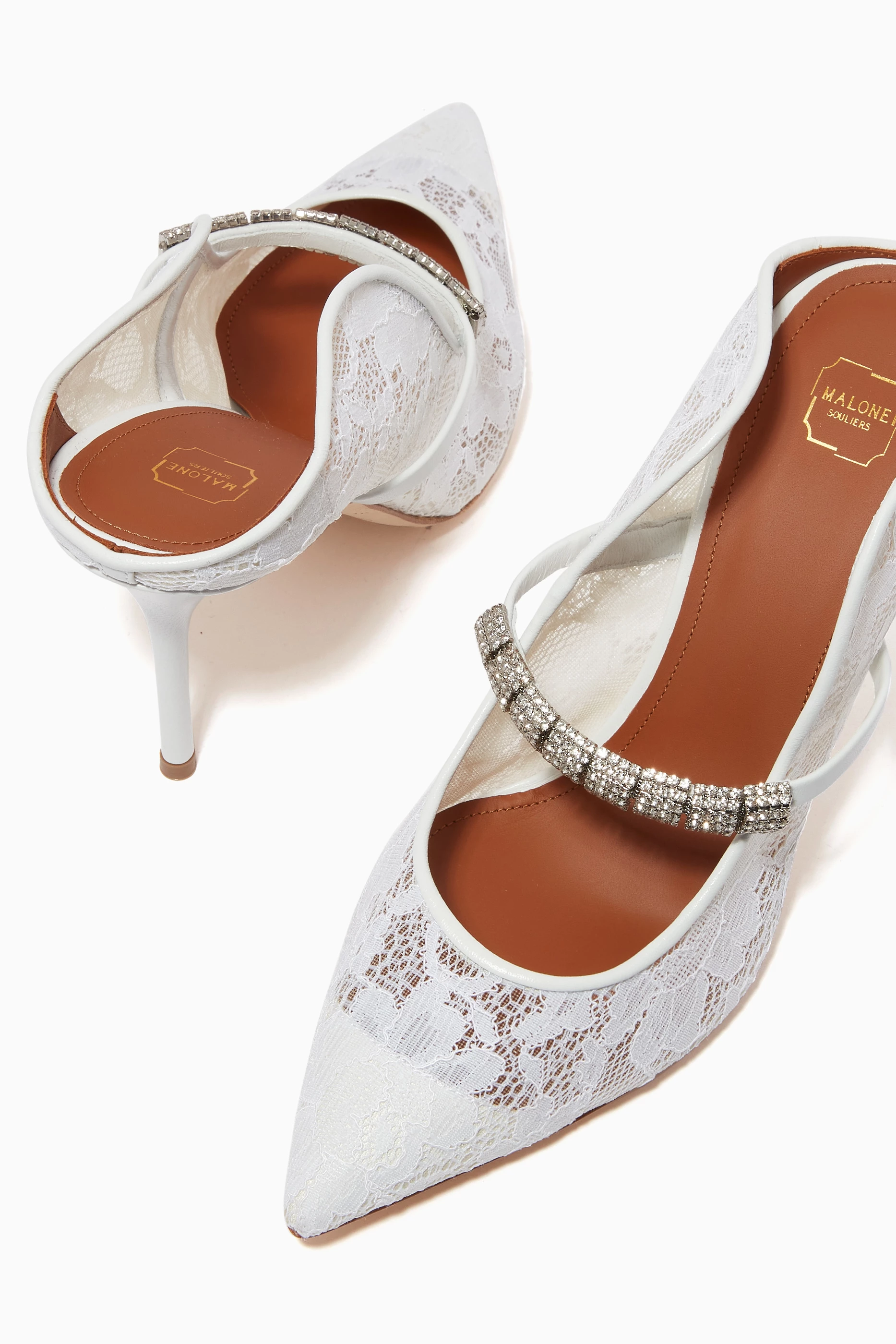 Buy Malone Souliers White Bella 85 Mule Heels in Floral Lace