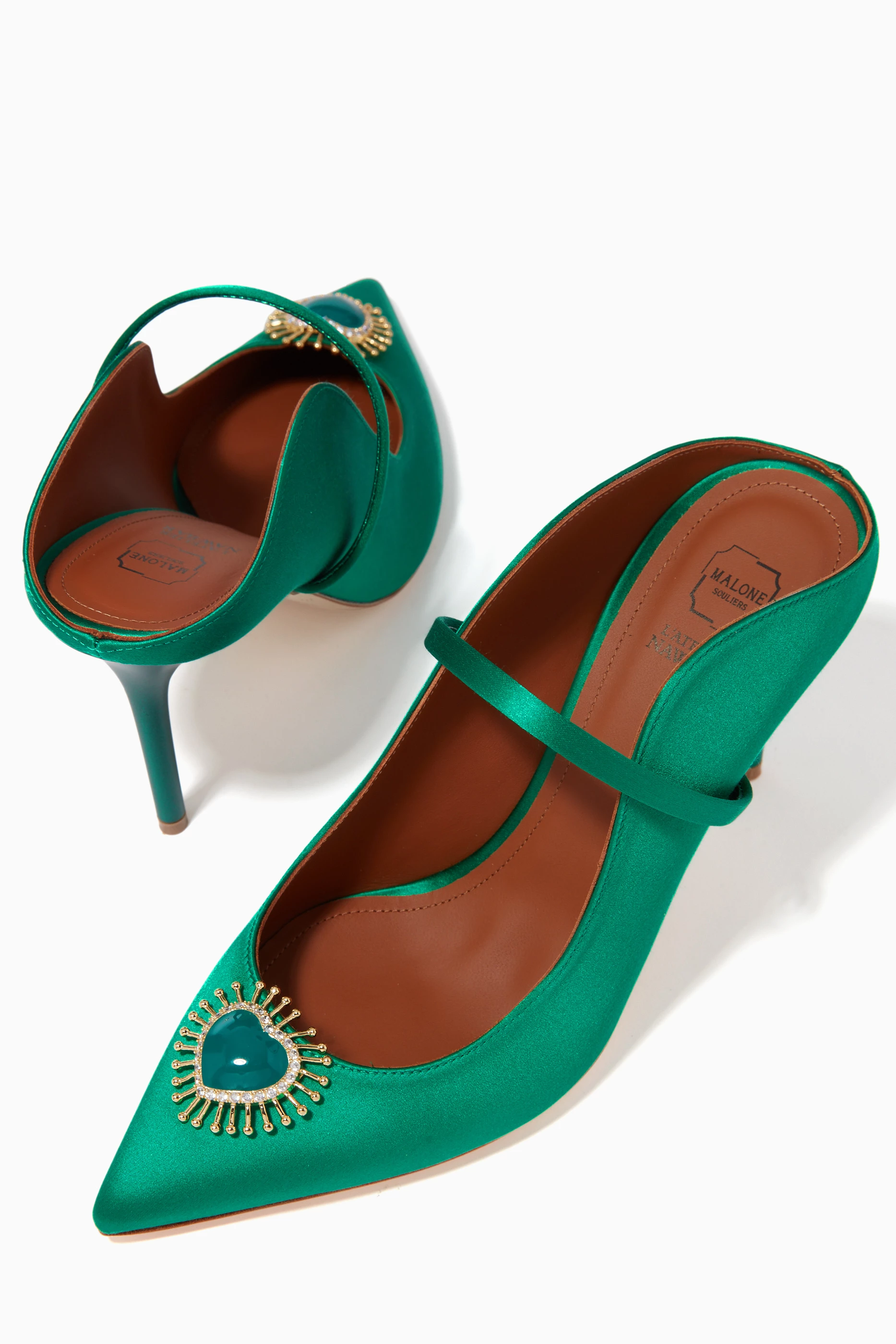 Buy Malone Souliers Green x L atelier Nawbar Maureen 85 Mules in Satin For Women Online Ounass Saudi