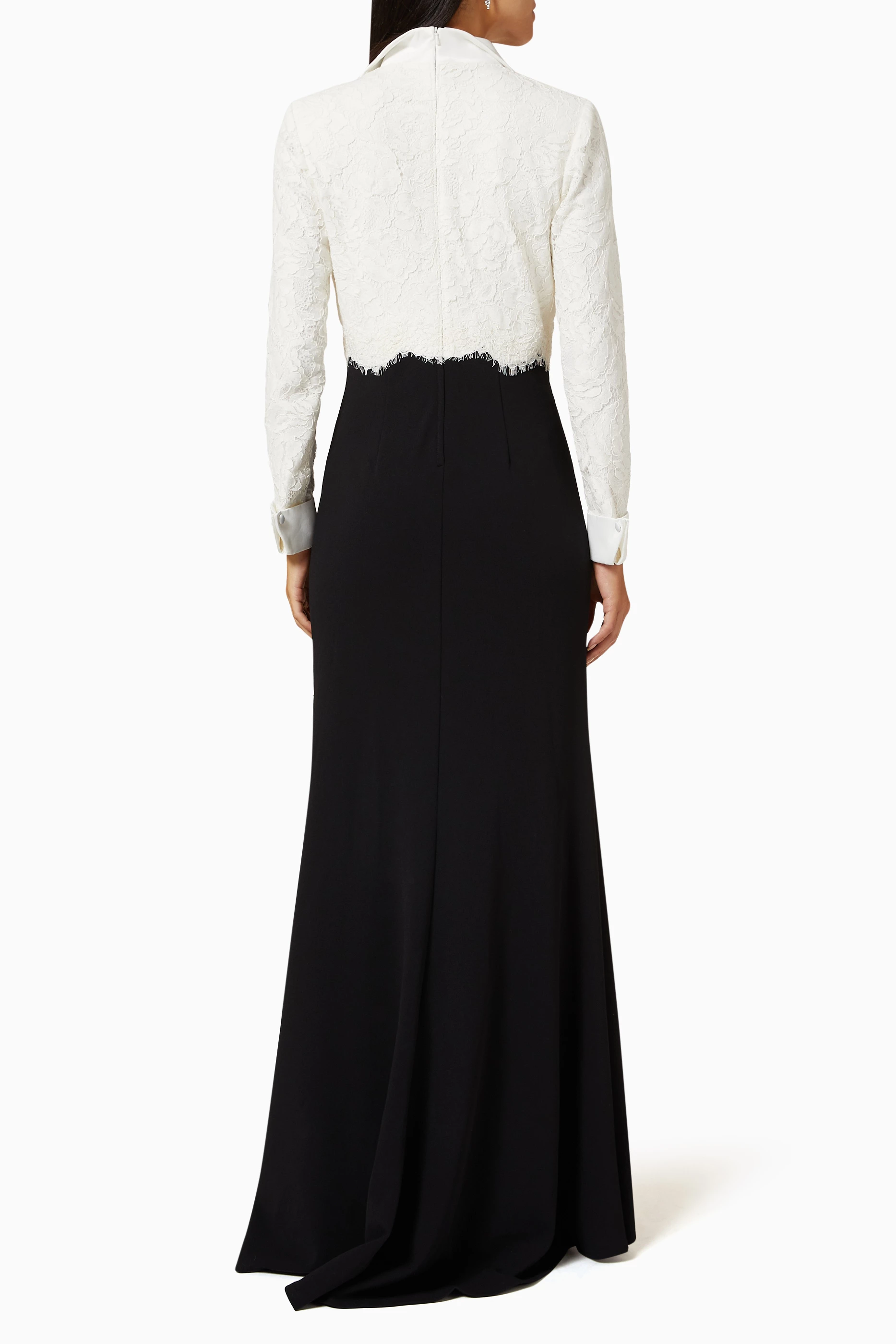 chinese dress ladies Tadashi Shoji Rhinestone Floral Off The Shoulder Mixed Media Gown Ivory/Black main image 0