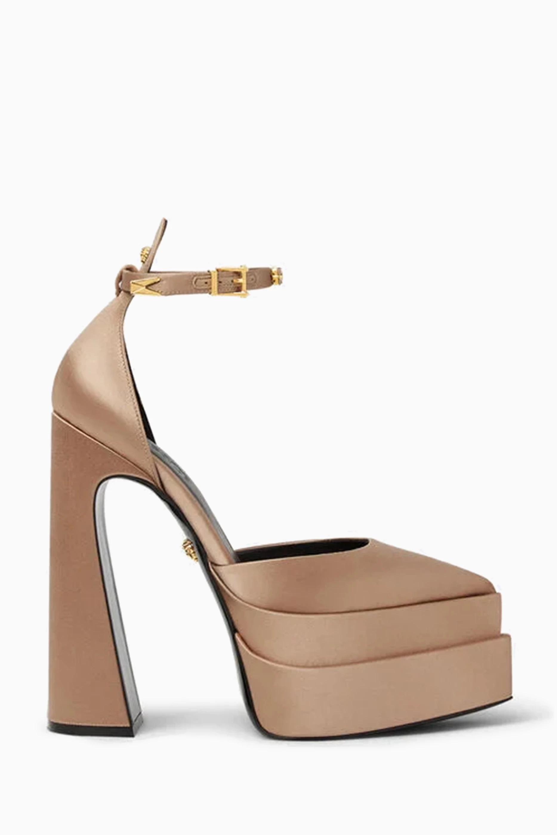 Buy Versace Gold Aevitas Pointy 160 Platform Pumps in Satin For