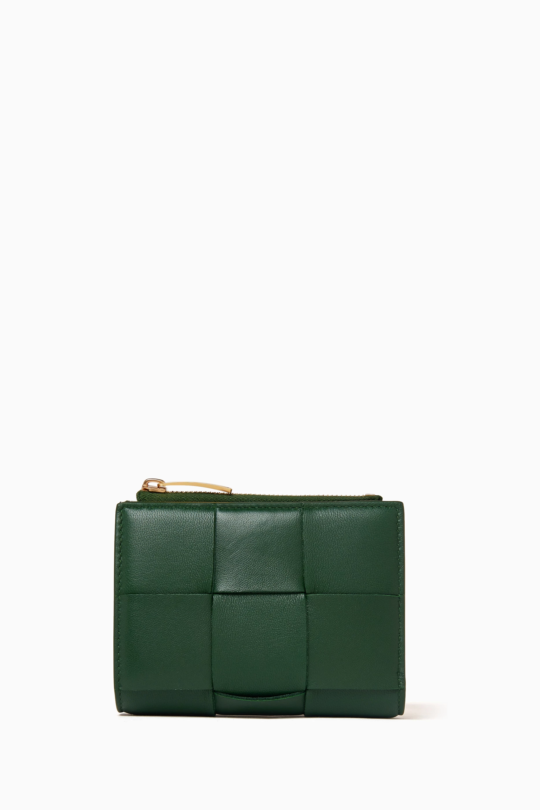 Buy Bottega Veneta Green Small Bi-Fold Zip Wallet in Intreccio
