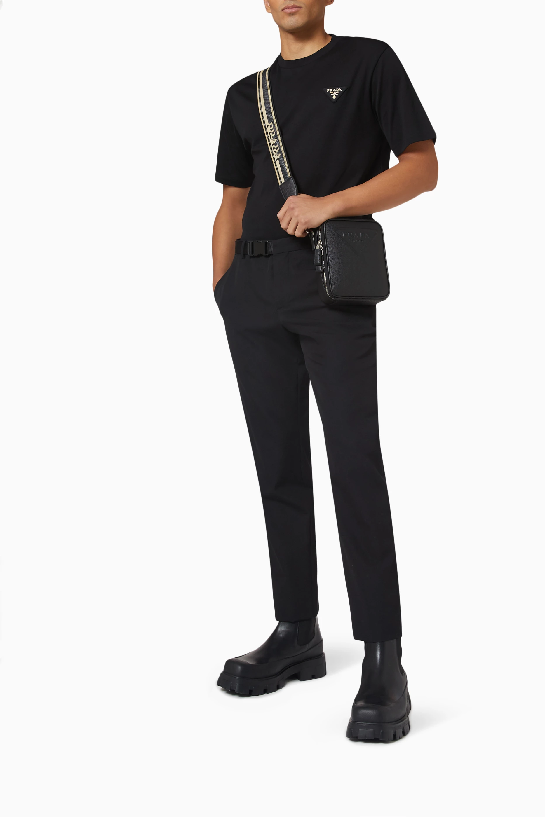 Buy Prada Black Logo Interlock T-shirt in Cotton For Men