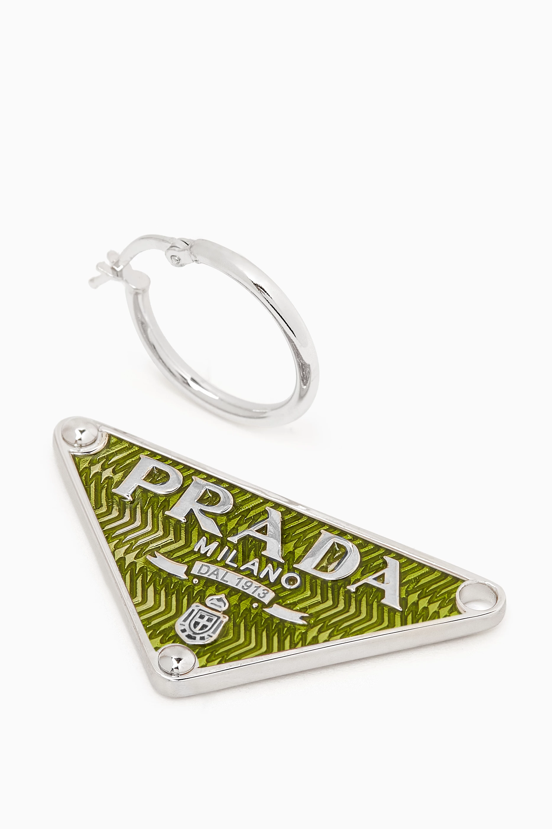 Buy Prada Green Triangle Logo Single Pendant Earring in Metal For