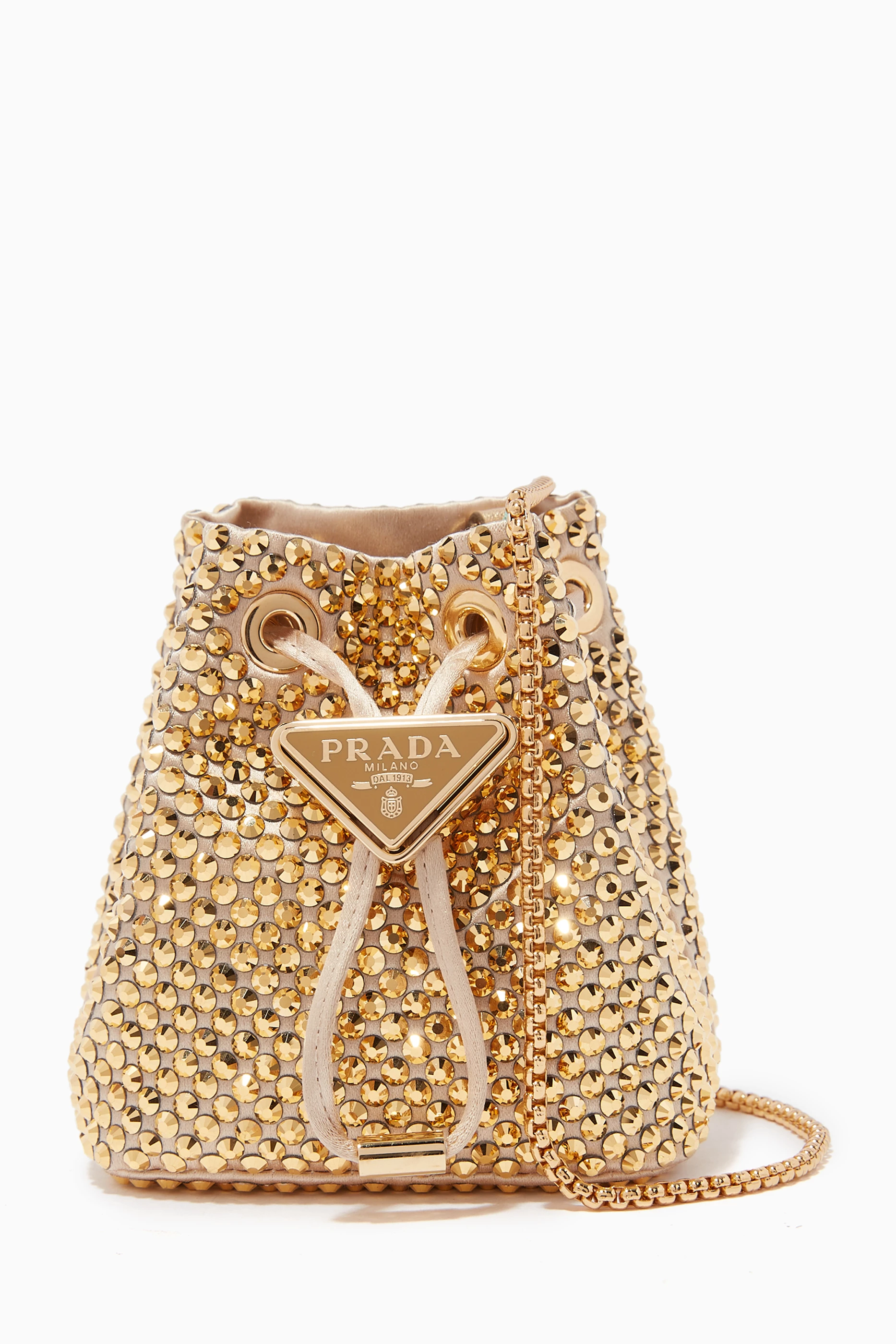Buy Prada Gold Mini Bucket Bag in Crystal embellished Satin For Women Online Ounass Saudi
