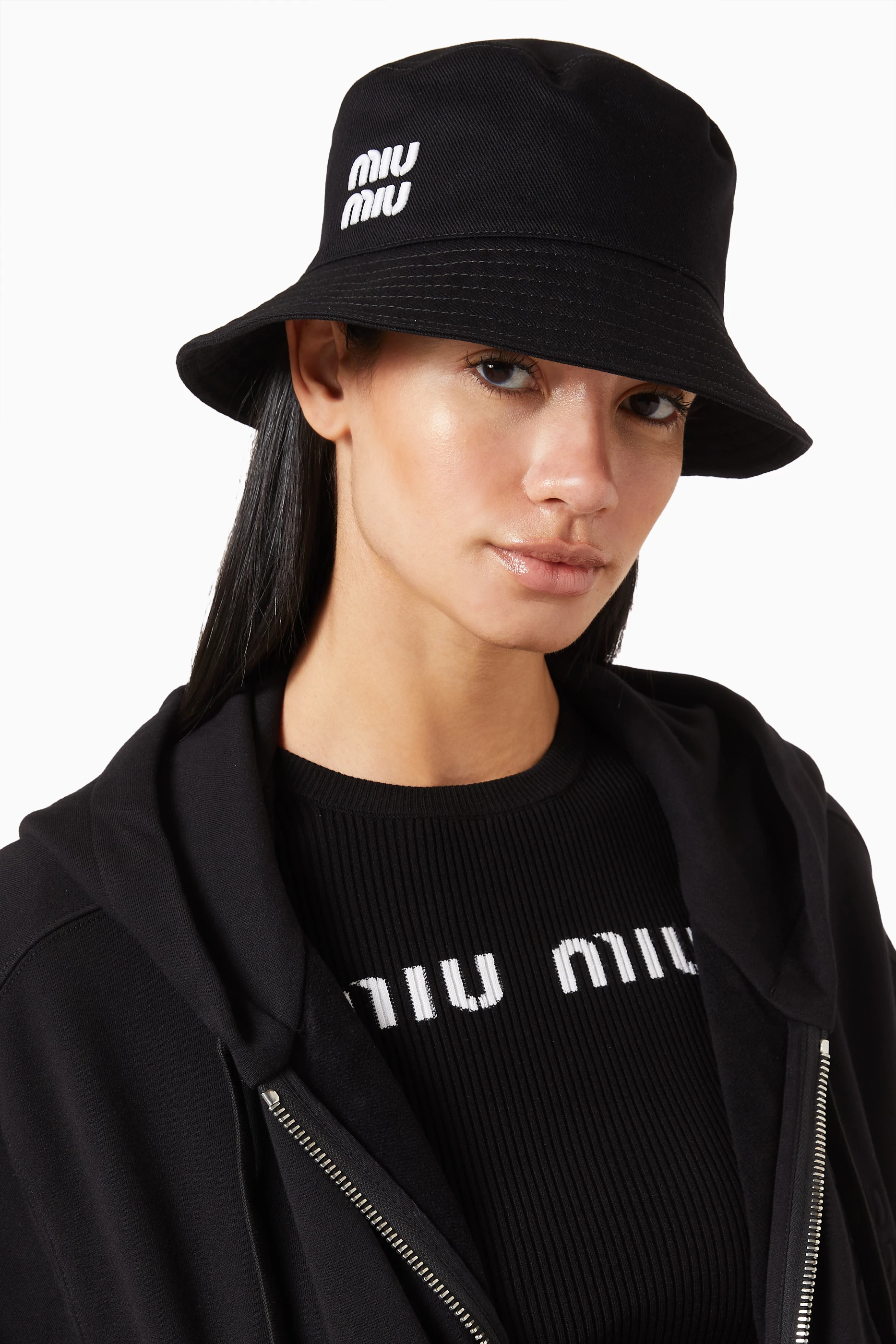 Miu Miu Black Bucket Hat with Cream Logo Embroidery miumiu embroidered fisherman hat for both men and... | Depop main image 2