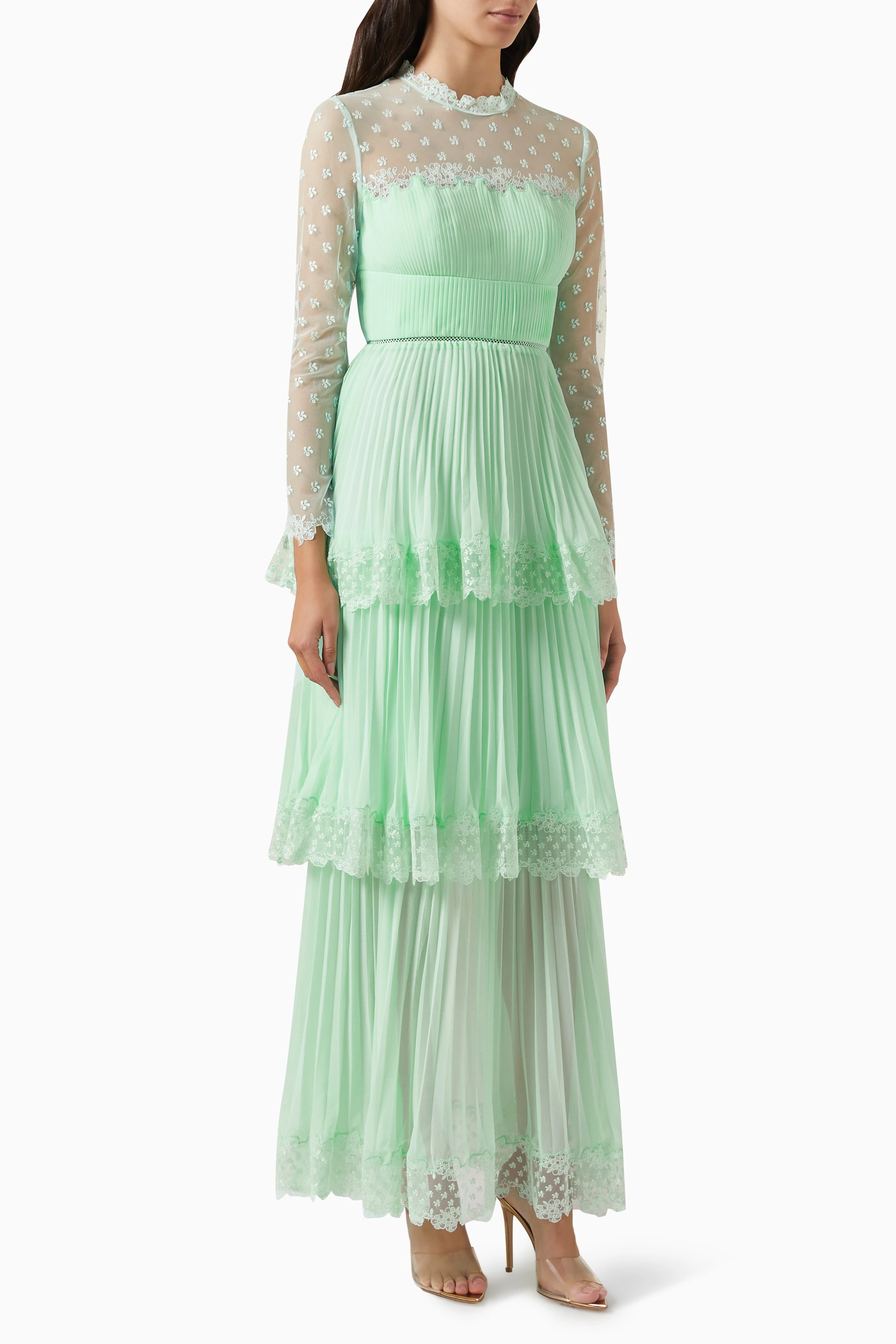 Buy Self-Portrait Green Tiered Maxi Dress in Chiffon For Women