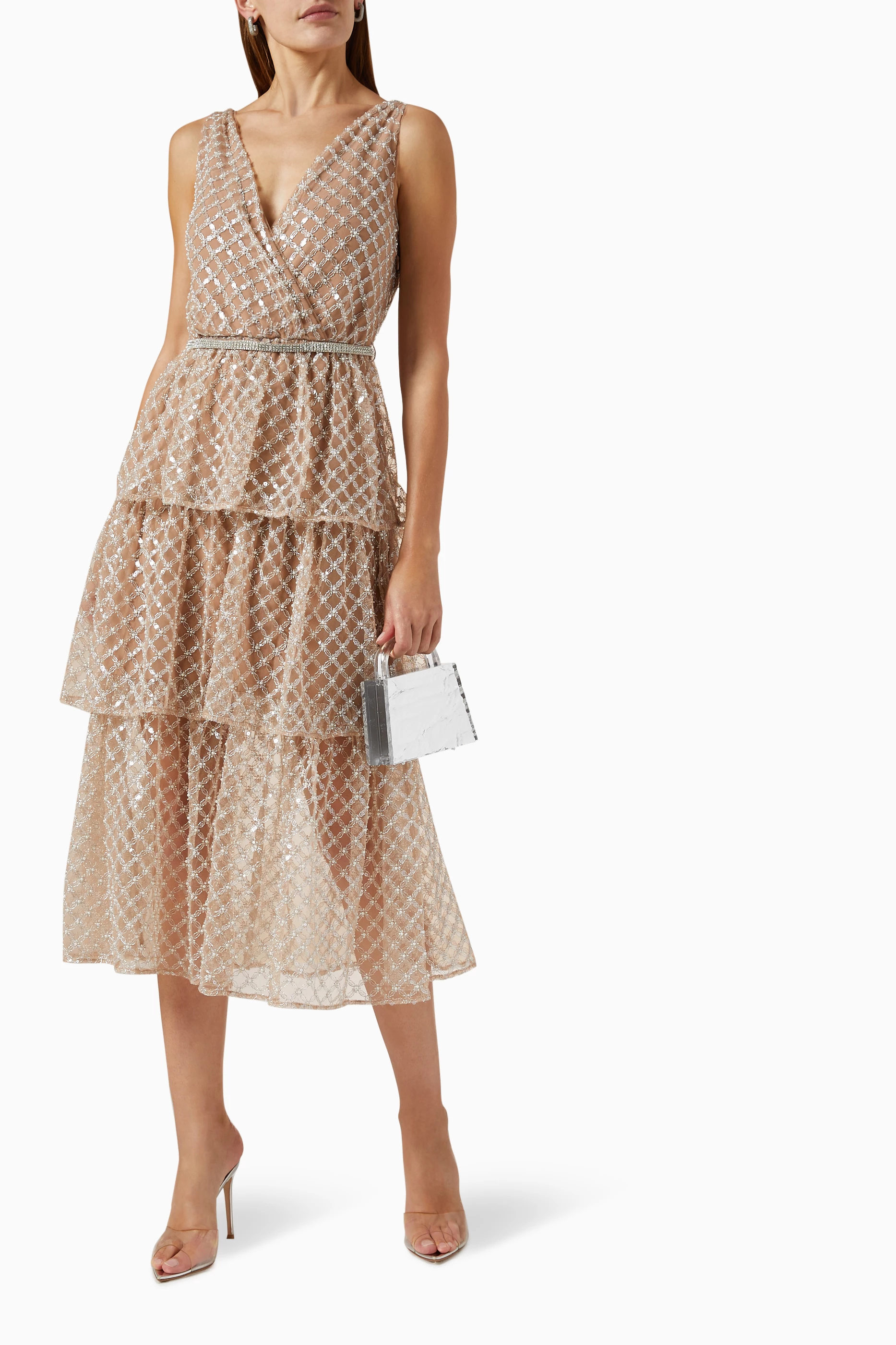 Tan Grid Sequin Tiered Midi Dress Coming Back For You Gold Metallic Tiered  Midi Dress  Shop the Mint