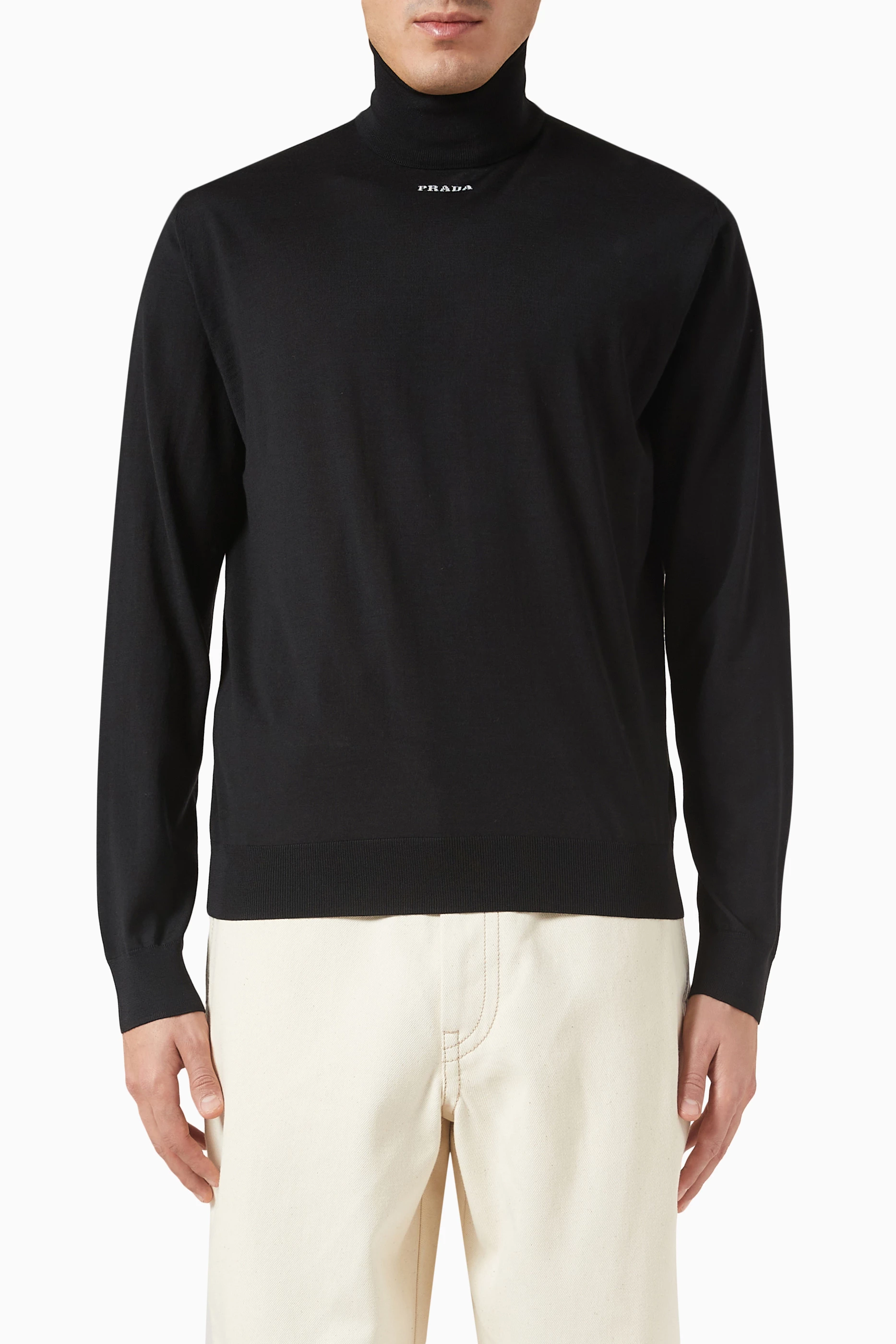 Buy Prada Black Logo Turtleneck Sweater in Virgin Wool For Men