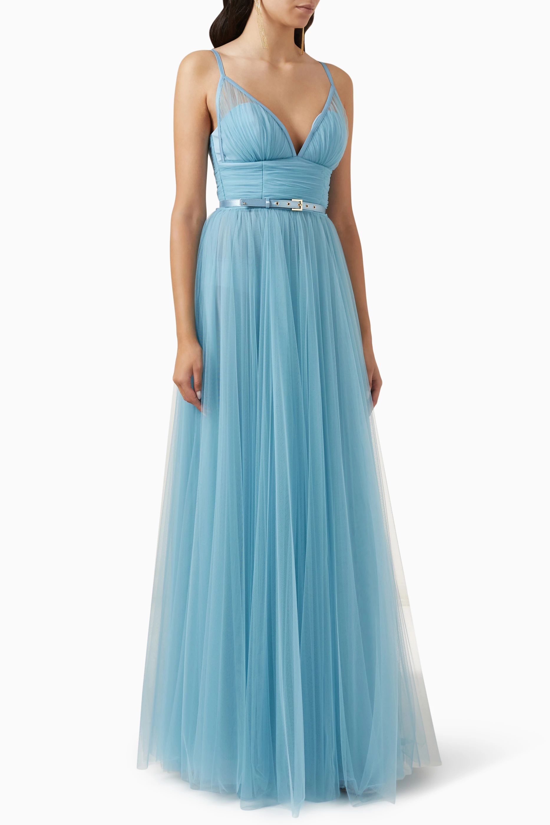 Buy Elisabetta Franchi Blue Belted Red Carpet Dress in Tulle