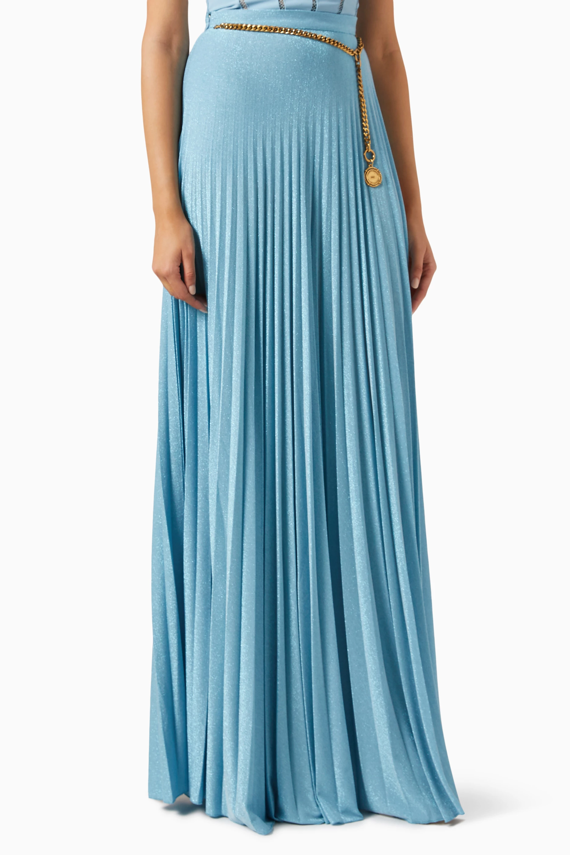 Buy Elisabetta Franchi Blue Pleated Maxi Skirt in Lurex jersey For Women Online Ounass Saudi