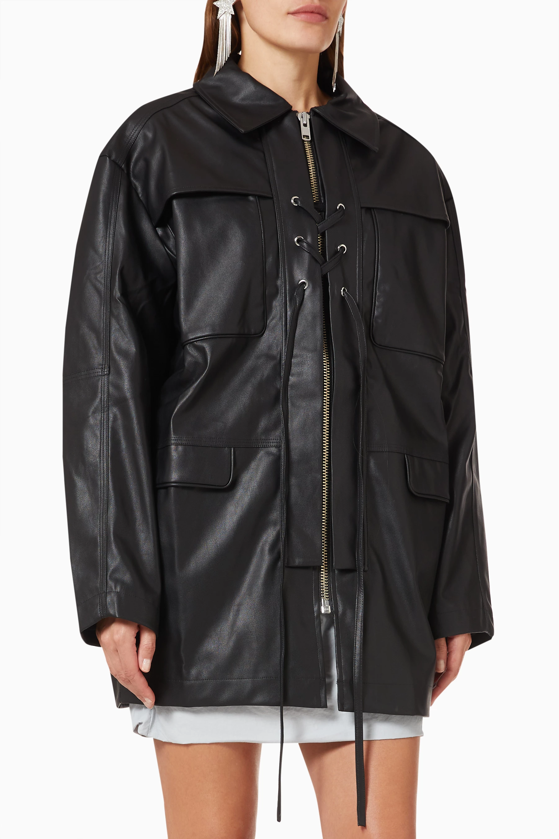 Buy Paris Georgia Black Lara Lace-up Oversized Jacket in Vegan