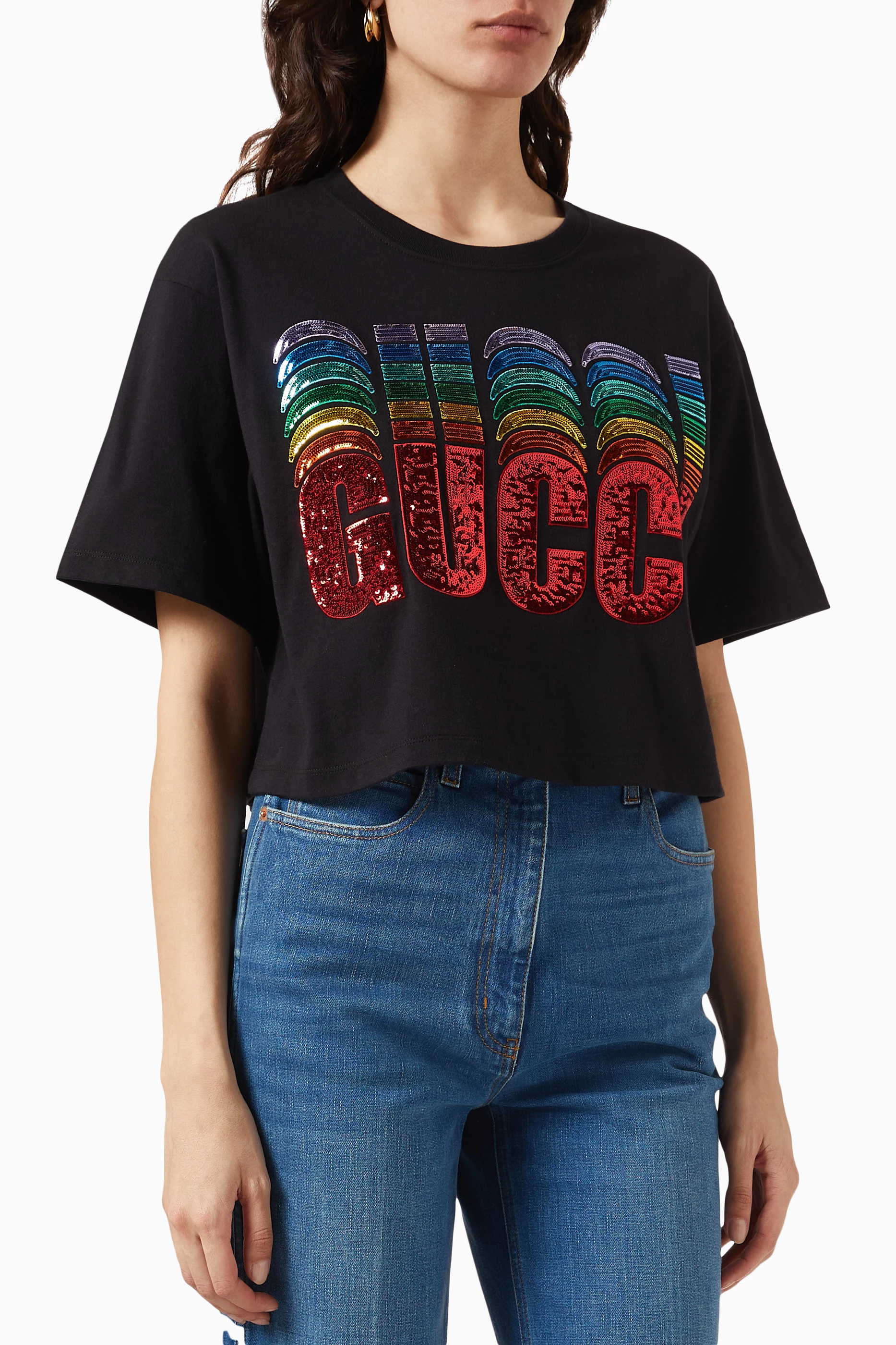 【GUCCI】Sequin Logo Cotton Jersey Crop T-shirt Buy Gucci Black Sequin-embellished Logo Crop T-shirt in