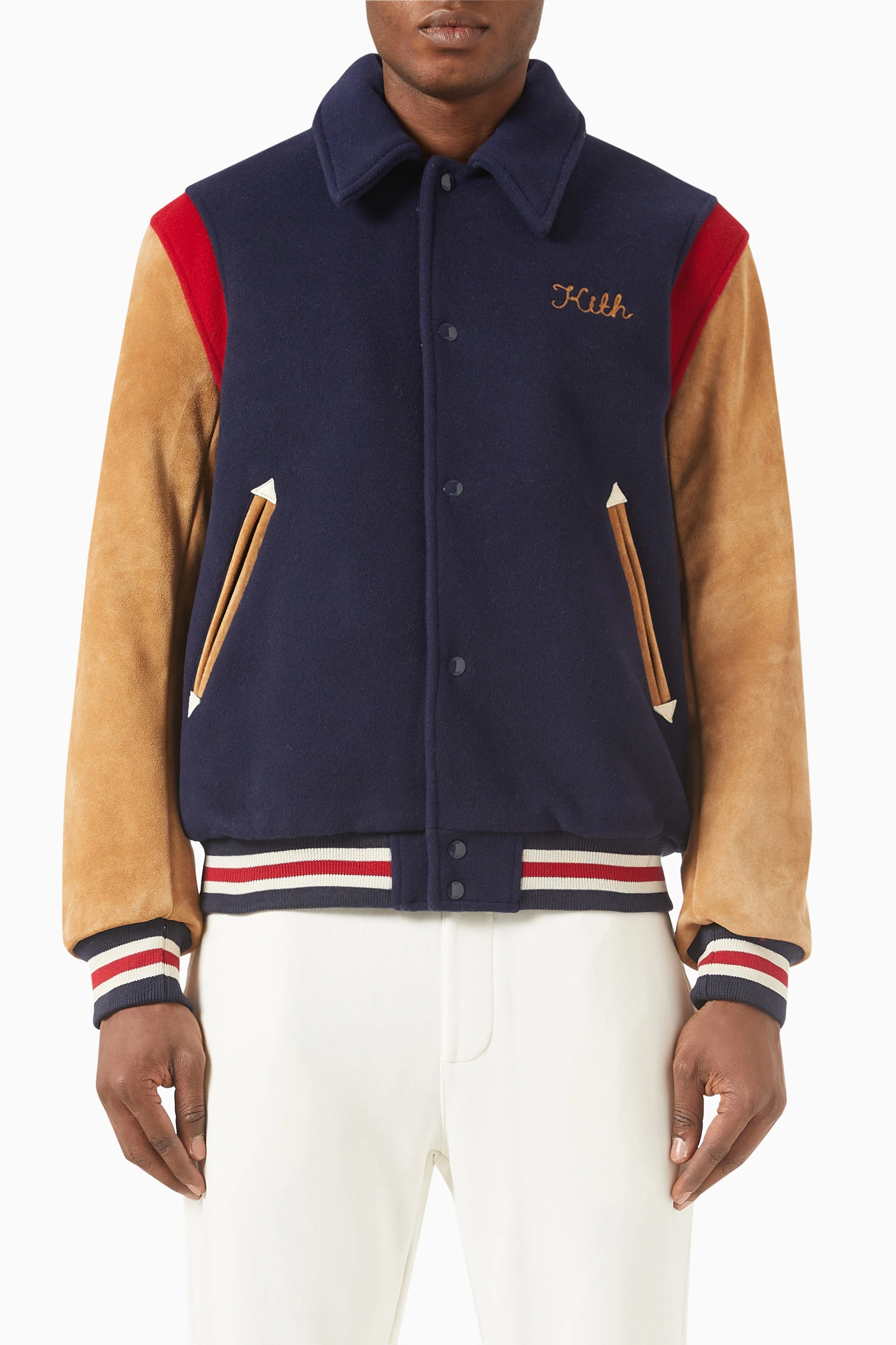 Buy Kith Blue Varsity Coaches Jacket in Manteco Virgin Wool Blend 