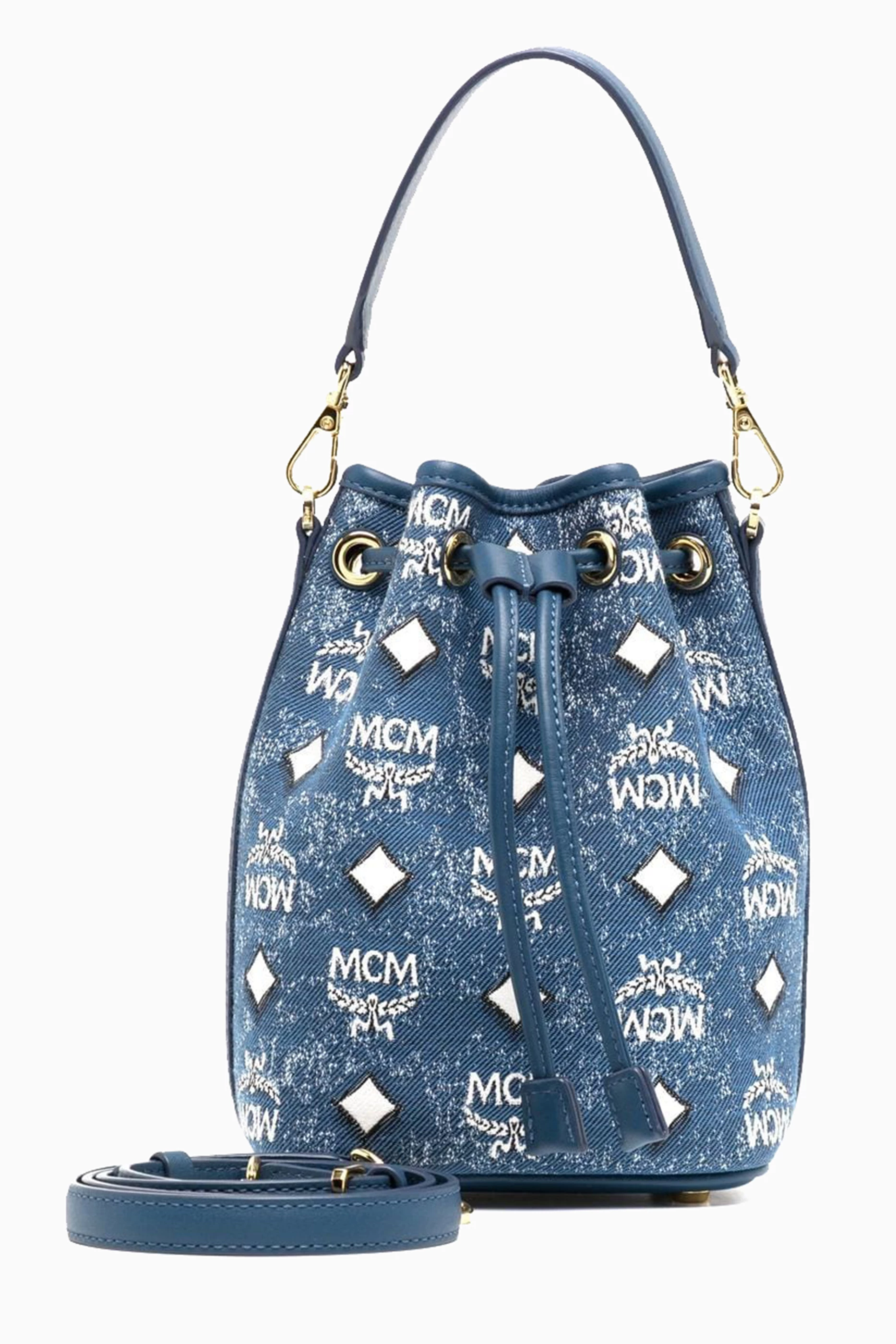 Buy MCM Blue Mini Dessau Drawstring Hobo Bag in Vintage Denim Jacquard For Women Online Ounass Saudi