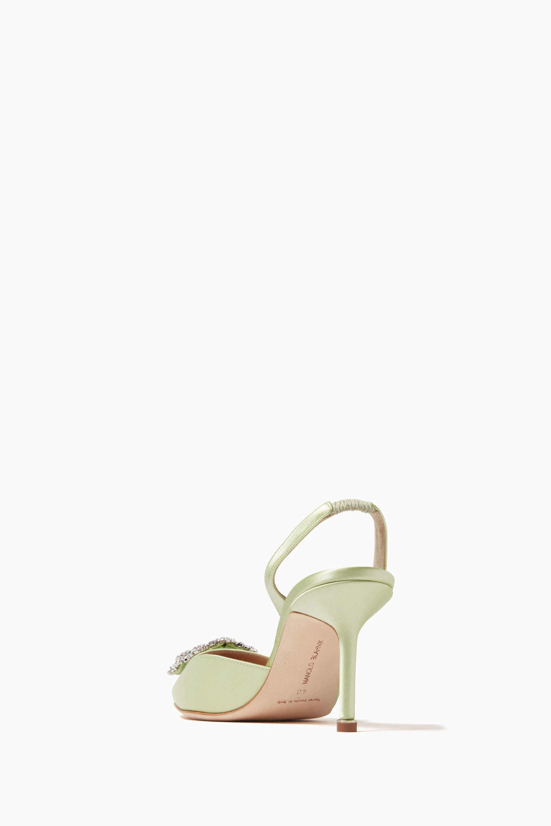 Buy Manolo Blahnik Green Hangisli Slingback 70 Pumps in Satin For