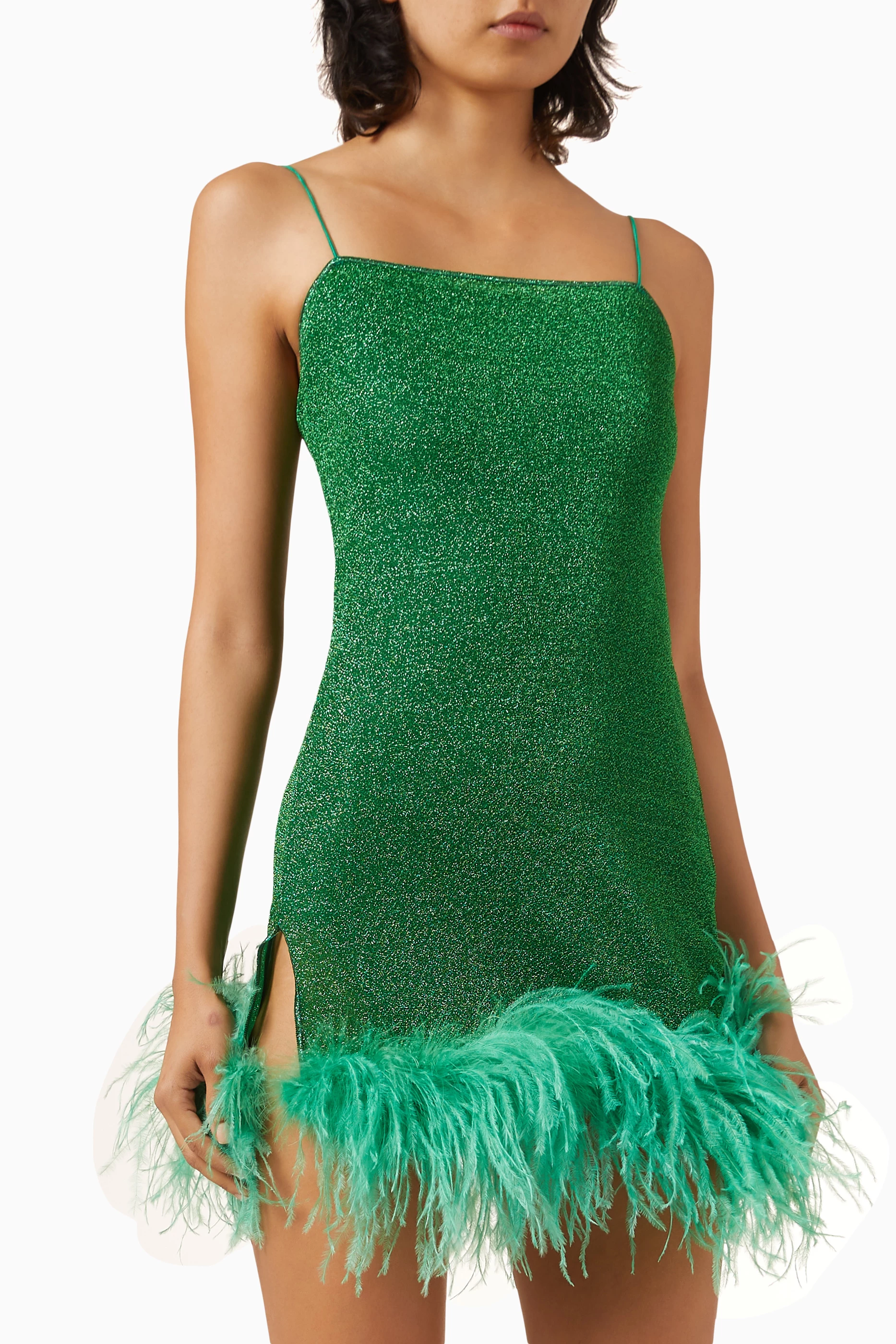 oseree green feather dress Oseree Green Feather Sparkly Mini Dress by Oseree