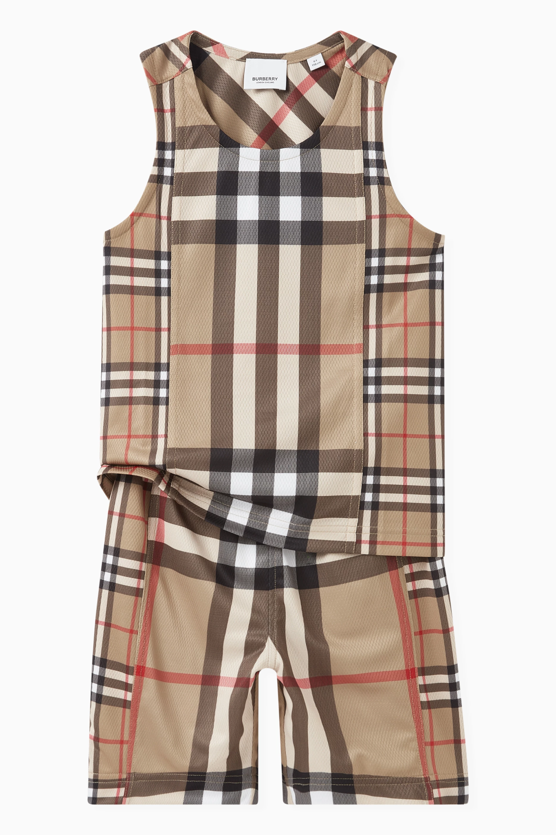 Buy Burberry Neutral Contrast Check Shorts in Mesh For Boys Online  