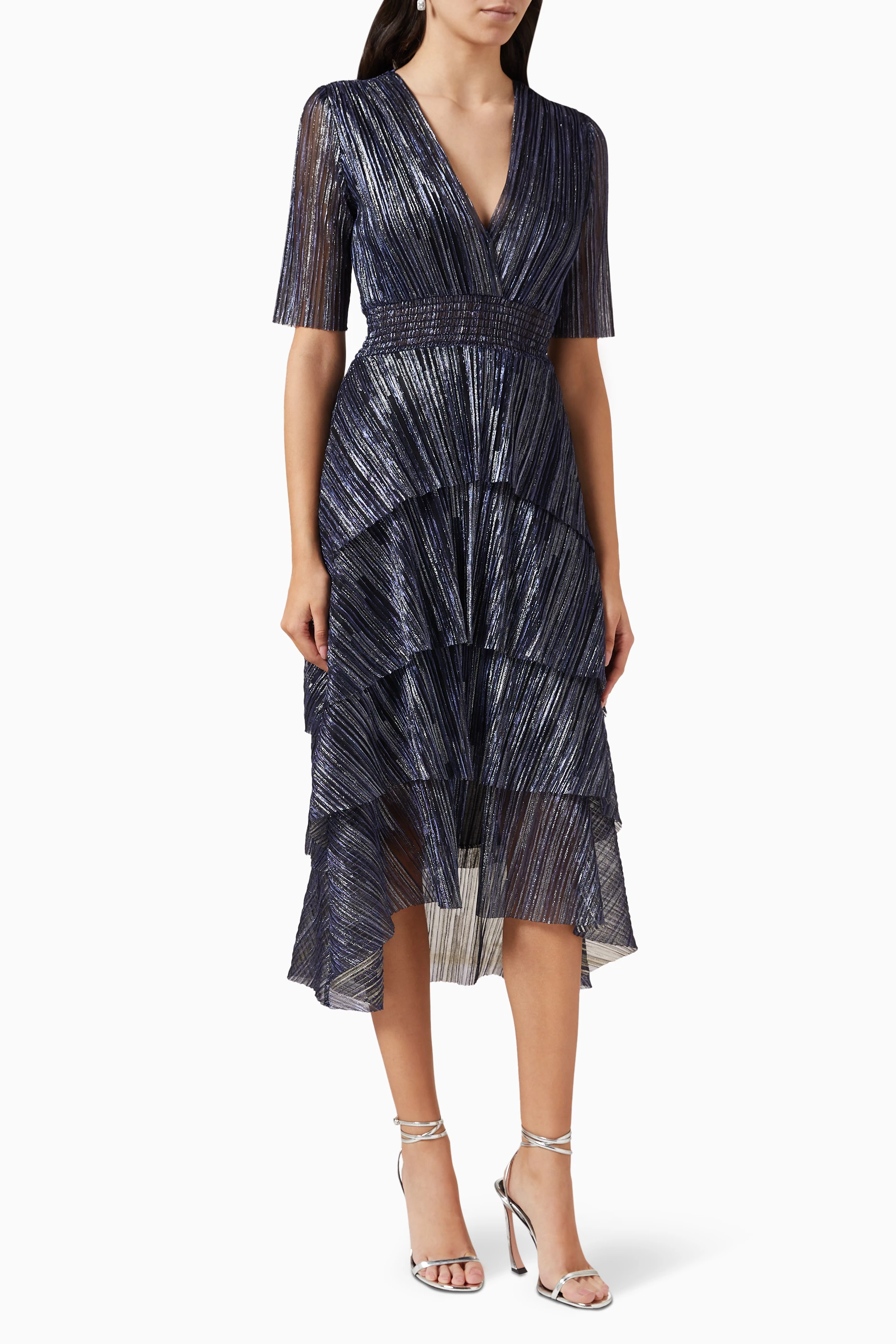 Buy Maje Blue Ruffini Midi Dress in Lamé For Women Online Ounass